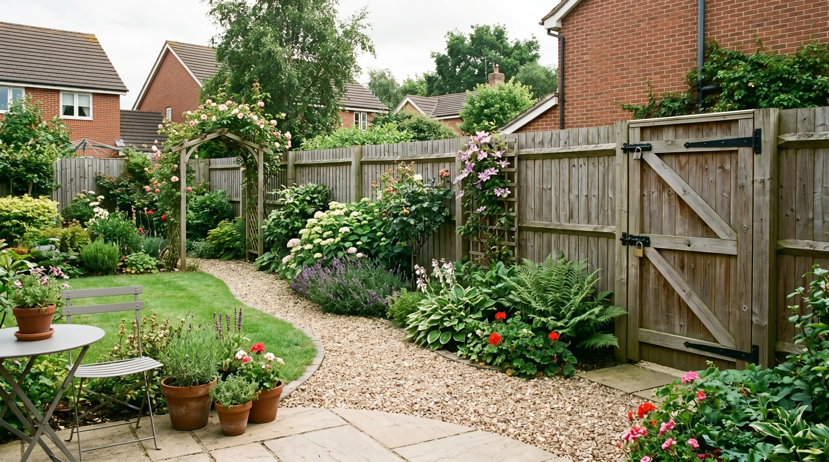 A secure UK suburban back garden with a tall fence, locked timber side gate, neat planting and a gravel path