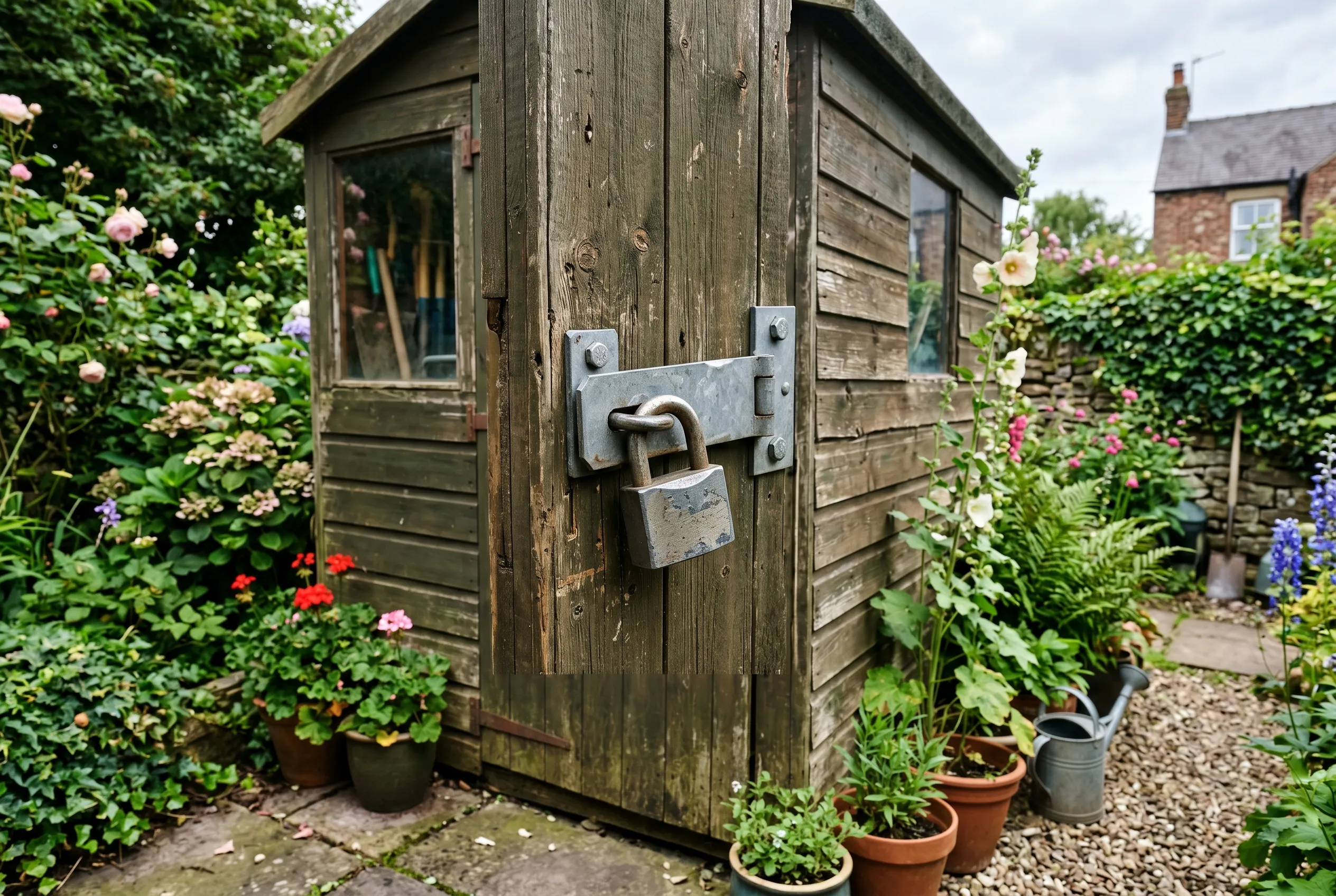 A wooden garden shed with a strong hasp and heavy padlock securing the door in a UK back garden
