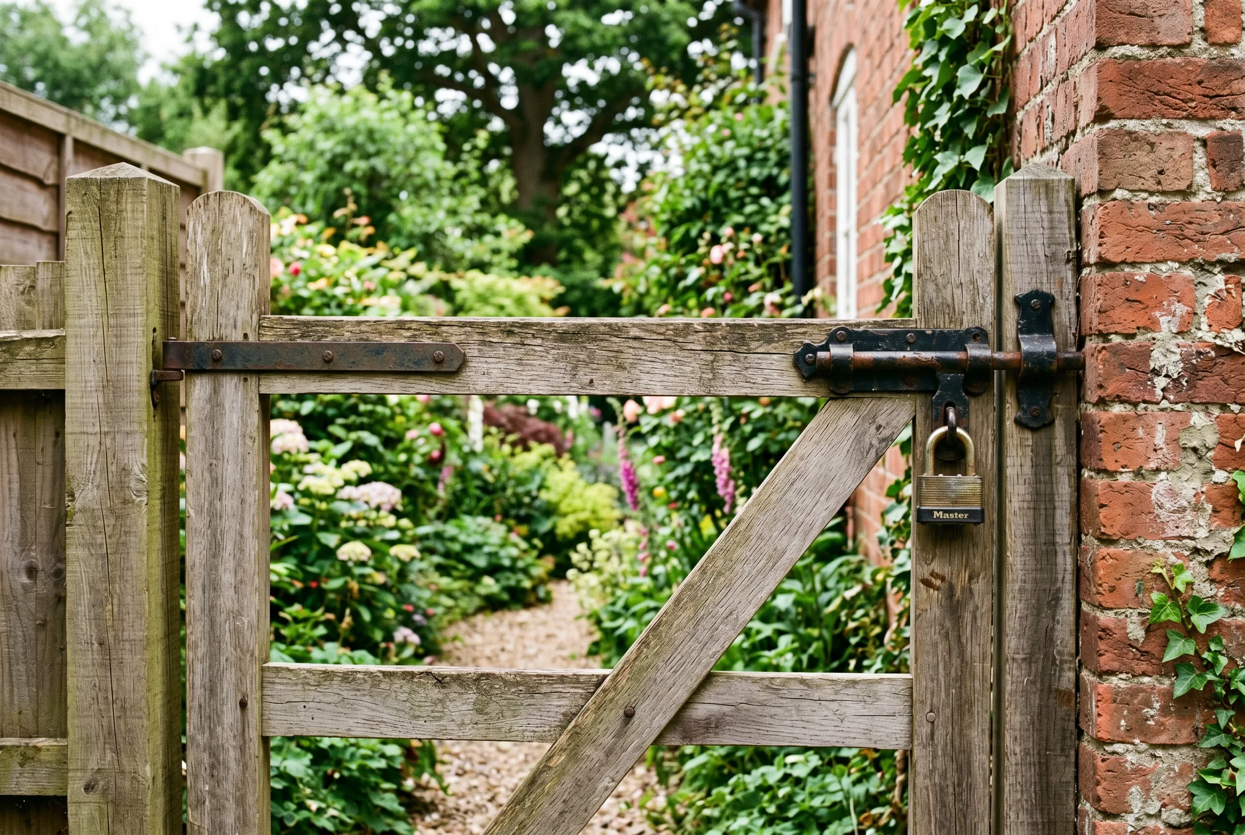A sturdy timber side gate fitted with a strong padlock and bolt at the side of a UK house