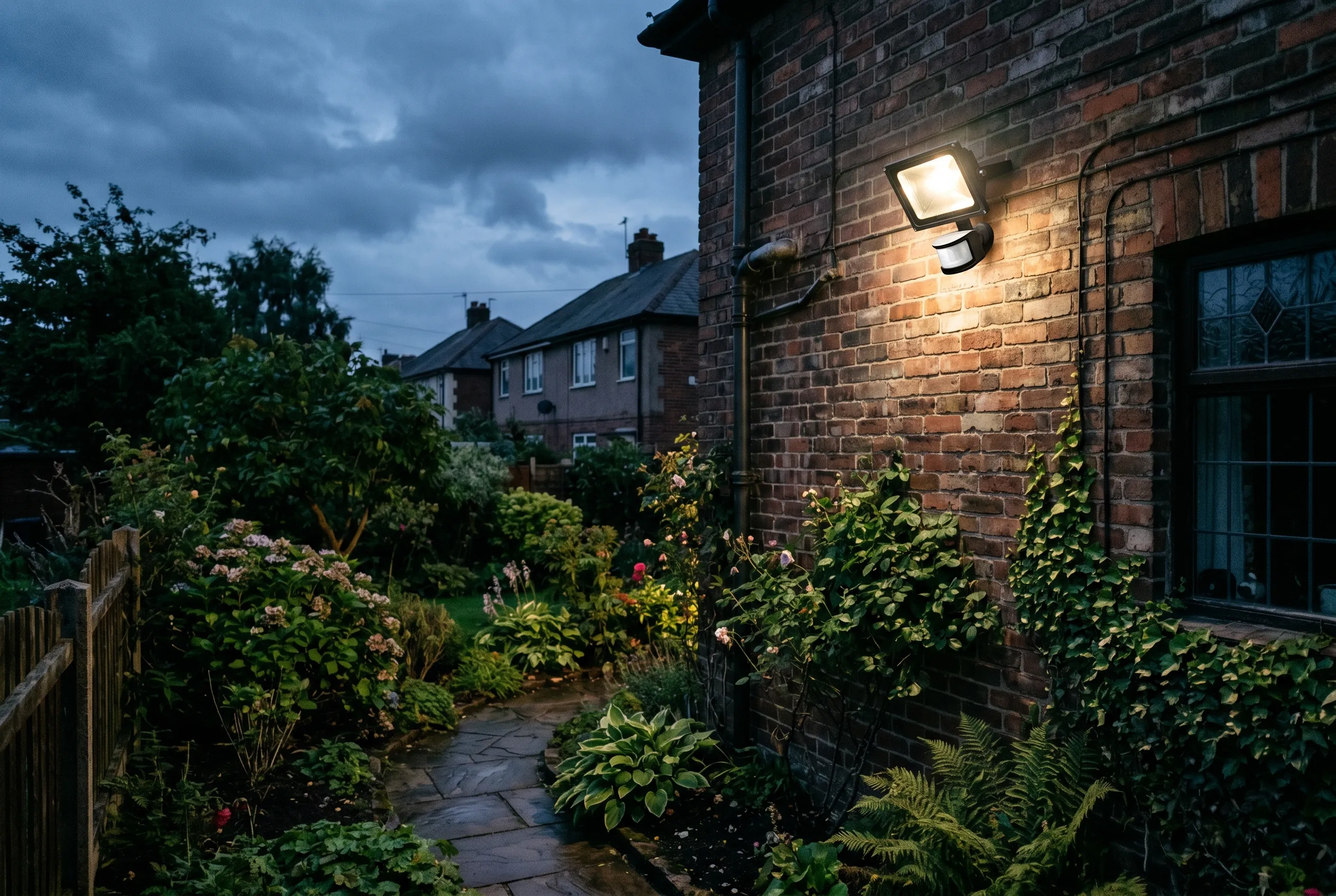 A motion-sensor security floodlight mounted high on the brick wall of a UK house at dusk