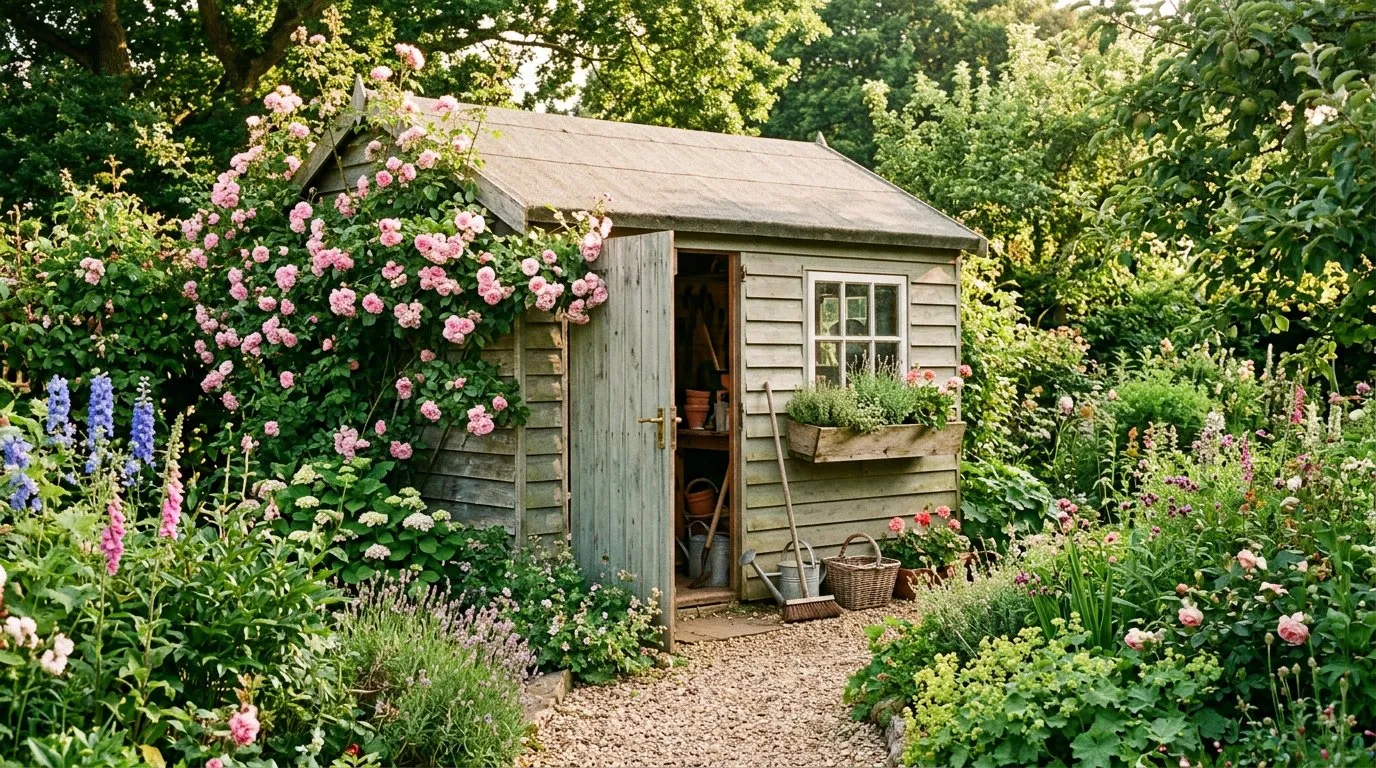 Garden shed exterior with climbing roses and herb window boxes in a UK cottage garden