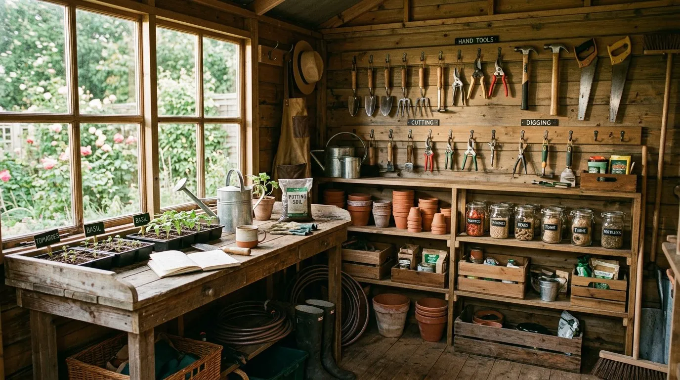 Garden shed interior with tools on wall hooks, labelled shelving, and a potting bench