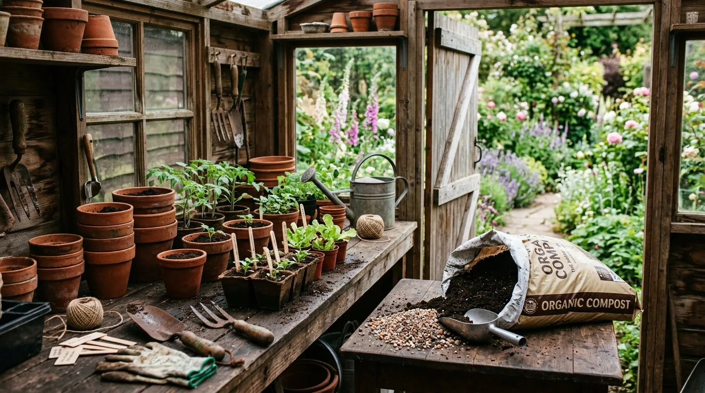 Garden shed potting station with terracotta pots, hand tools, and seedlings on a workbench