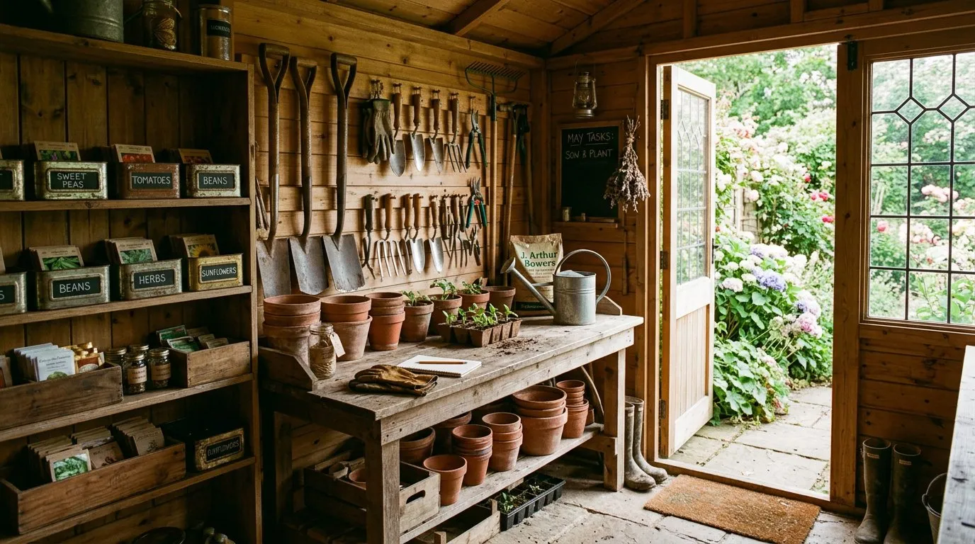 Well-organised garden shed interior with neatly hung tools and potting bench