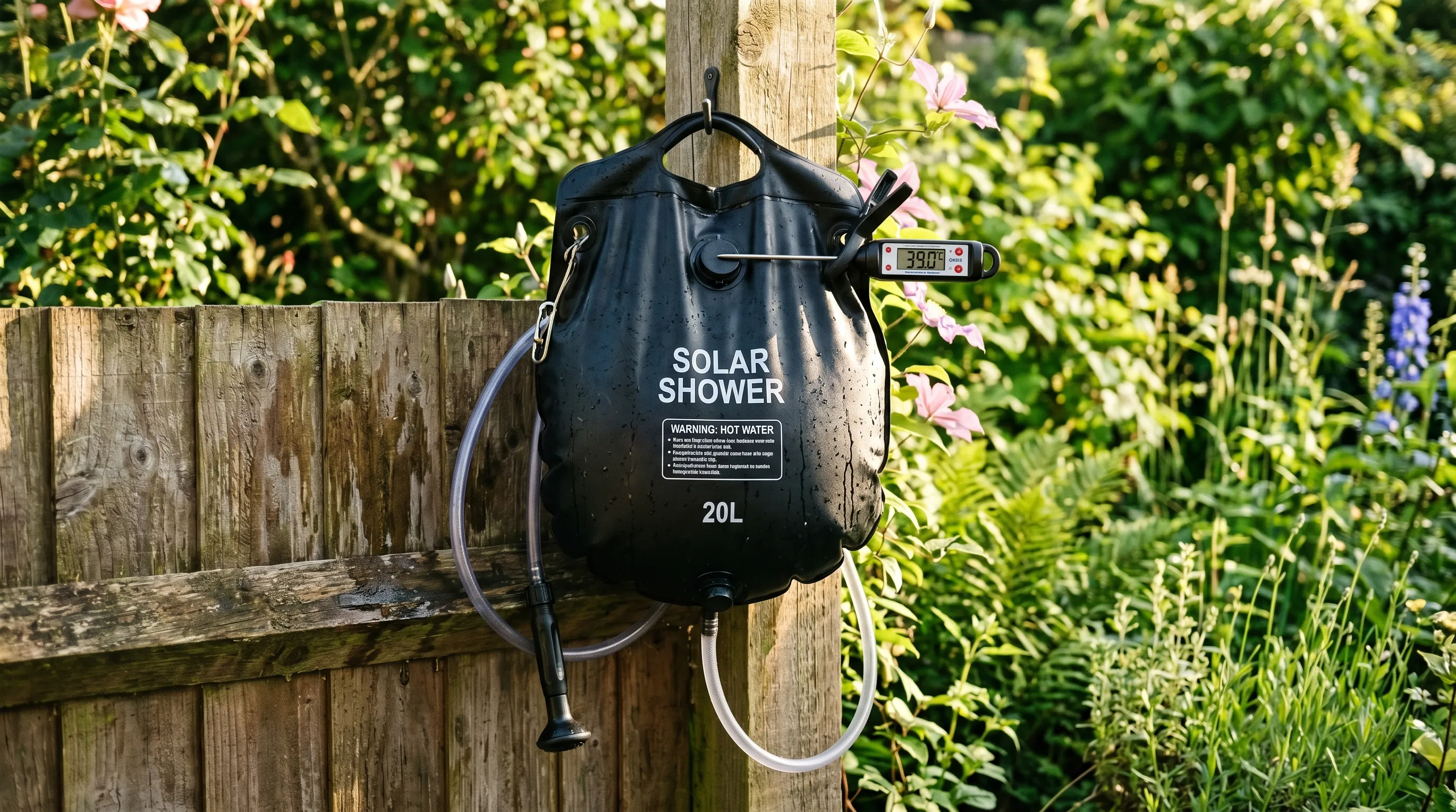 Black solar shower bag hung on a fence warming in afternoon sun beside a digital thermometer reading 39 degrees in a UK garden