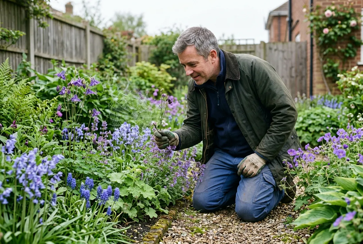 Gardener observing spider webs between plants in a suburban UK garden border