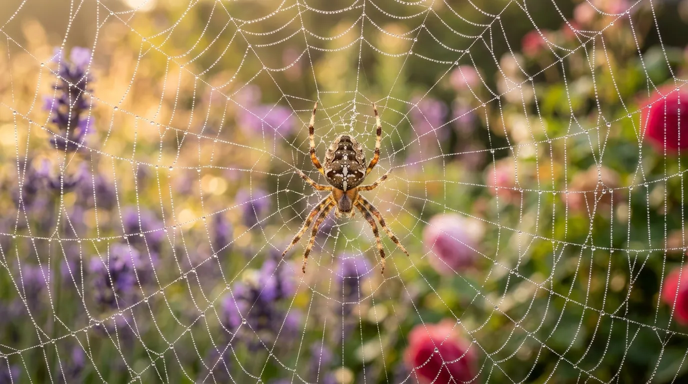 Garden spider on a dew-covered orb web in a UK cottage garden with lavender in the background