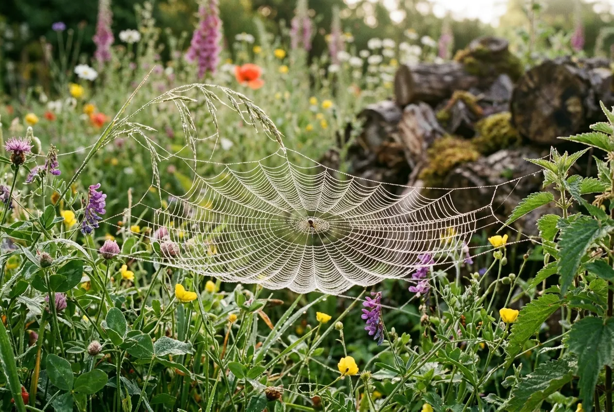Spider webs between garden plants in a UK wildlife garden with dew and wildflowers visible
