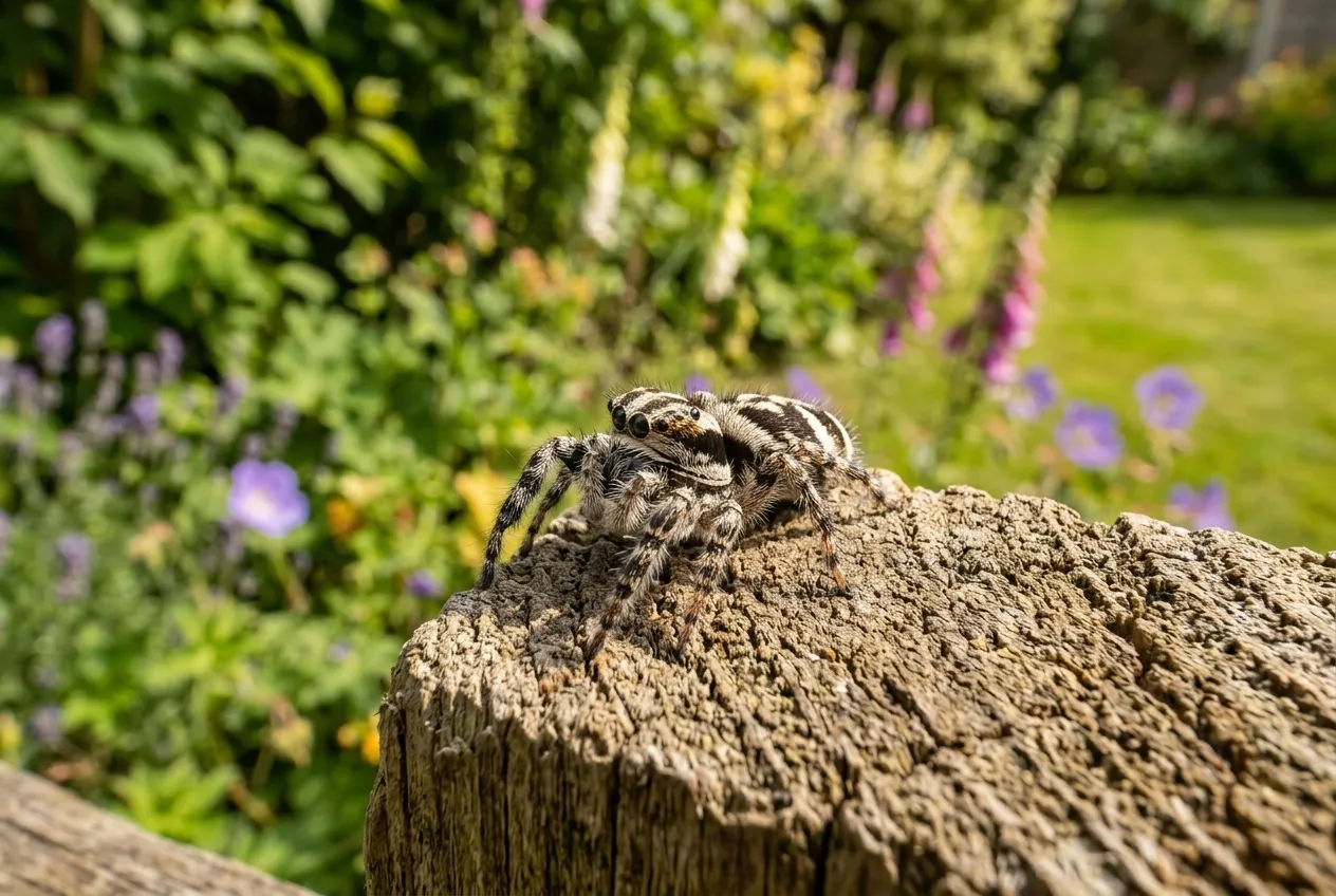 Zebra spider on a garden fence post in a UK suburban garden with green plants in the background