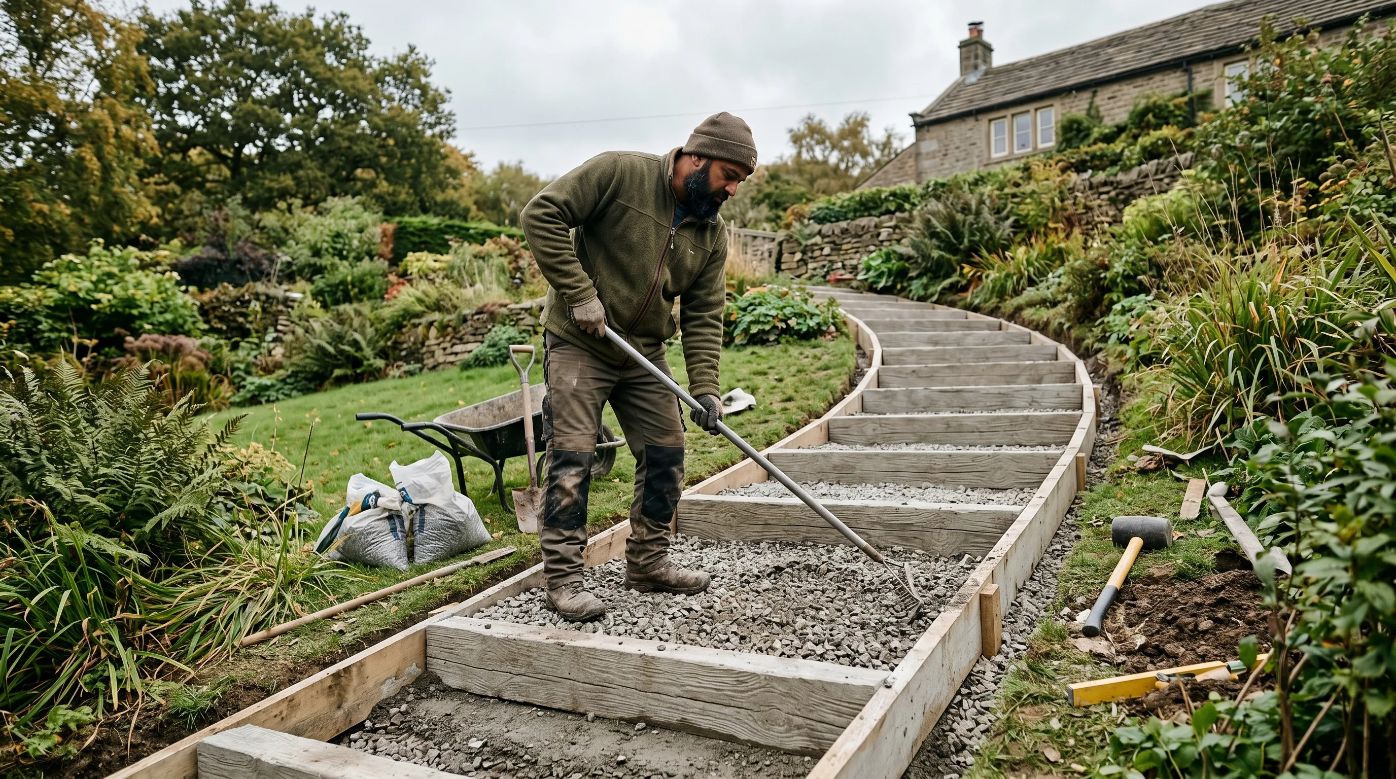 A UK gardener of Indian heritage building concrete sleeper steps into a sloping garden with sleepers bedded into compacted hardcore and gravel treads being levelled with a rake