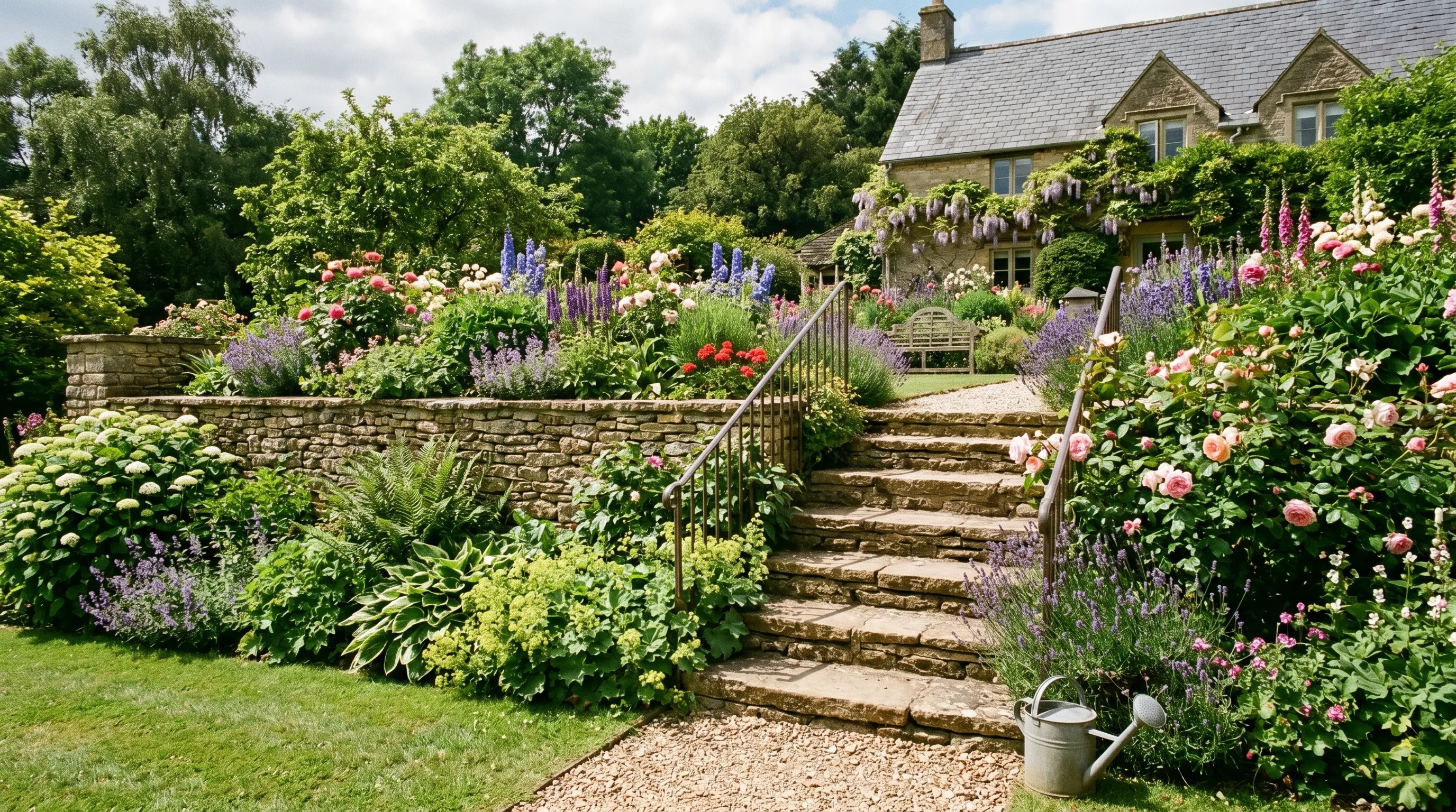 A UK garden with a stone-built retaining wall and natural sandstone garden steps leading up to a planted upper terrace in summer with planting either side