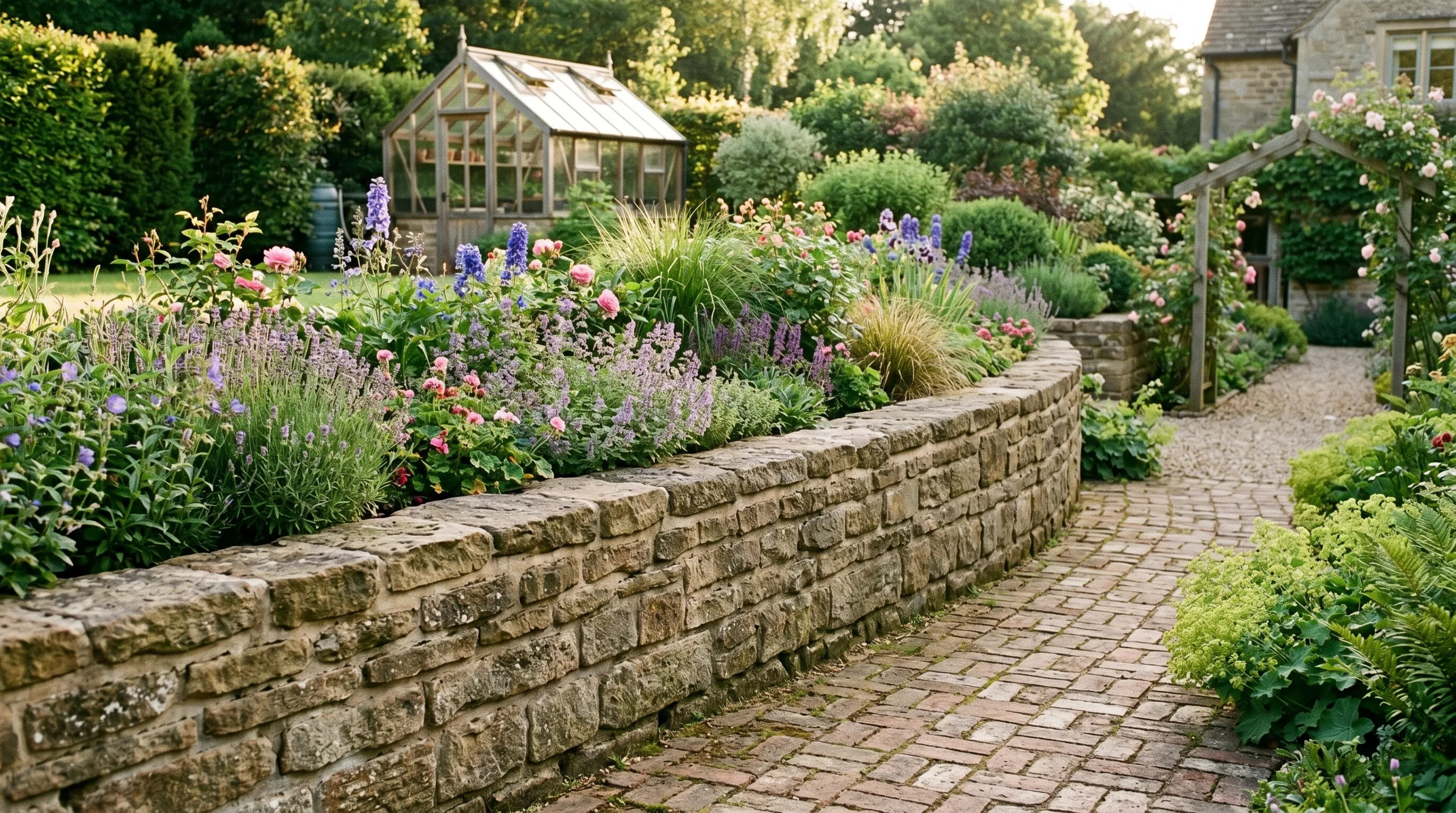 A UK garden with a 1m-high reclaimed local sandstone retaining wall built with mortar joints and a planted upper terrace with a brick path running alongside in summer