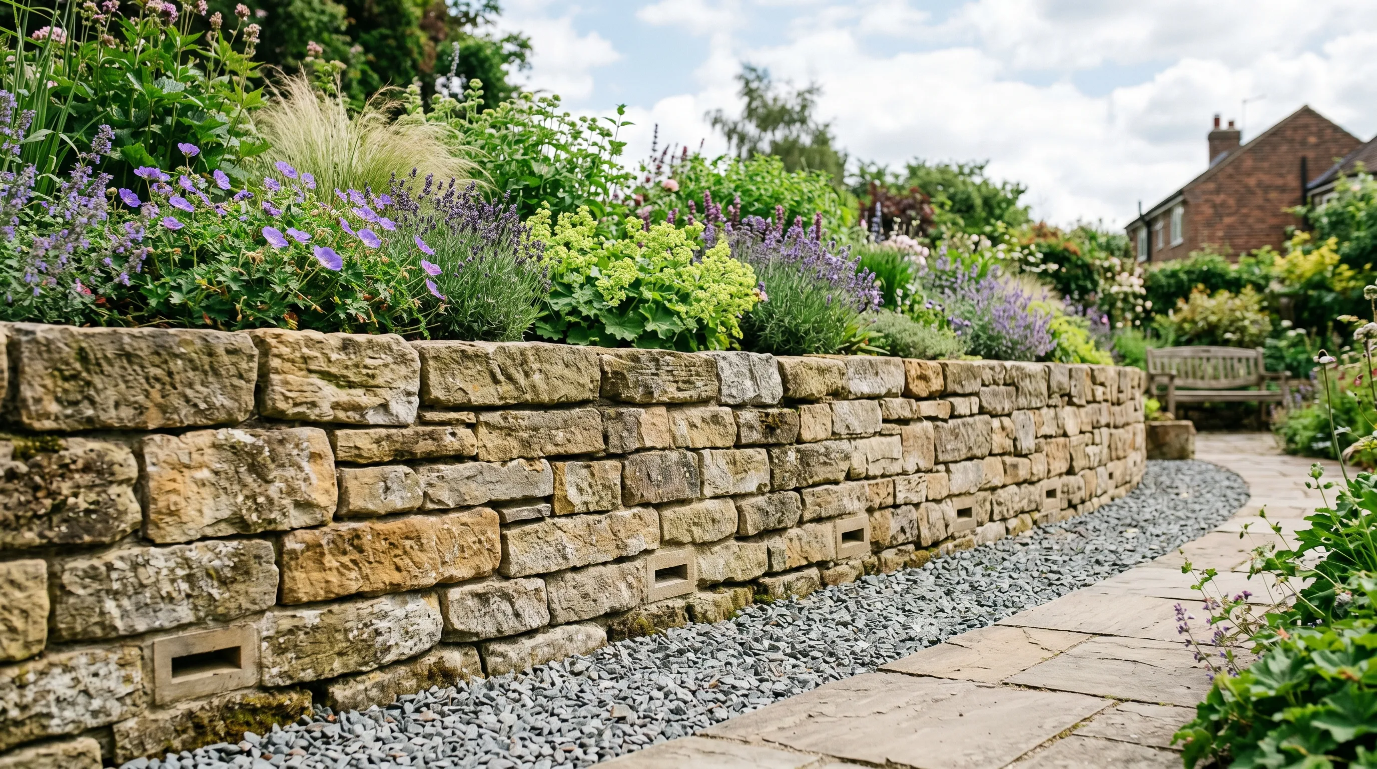 UK garden cross-section showing a retaining wall built from sandstone with gravel drainage behind and weep holes at base with planted terraces above and below