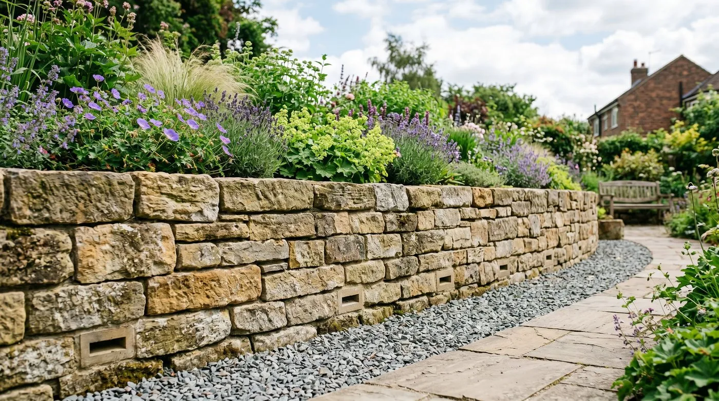 UK garden cross-section showing a retaining wall built from sandstone with gravel drainage behind and weep holes at base with planted terraces above and below