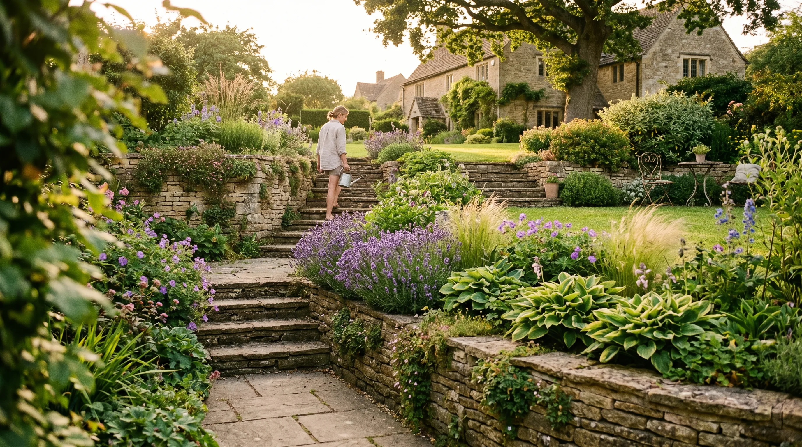 A terraced UK garden in summer with three level changes connected by stone steps and sandstone retaining walls planted with lavender hostas and ornamental grasses in the late afternoon golden light
