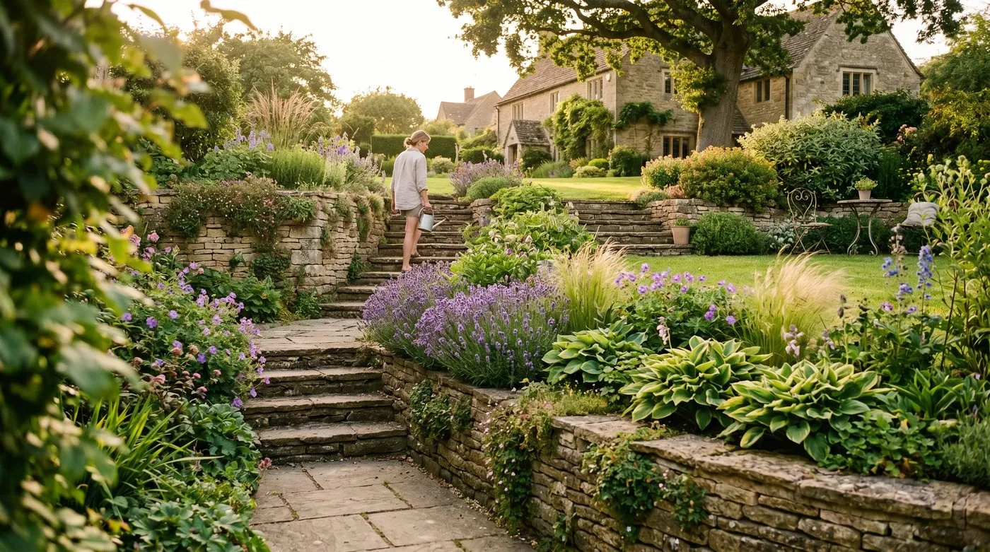 A terraced UK garden in summer with three level changes connected by stone steps and sandstone retaining walls planted with lavender hostas and ornamental grasses in the late afternoon golden light