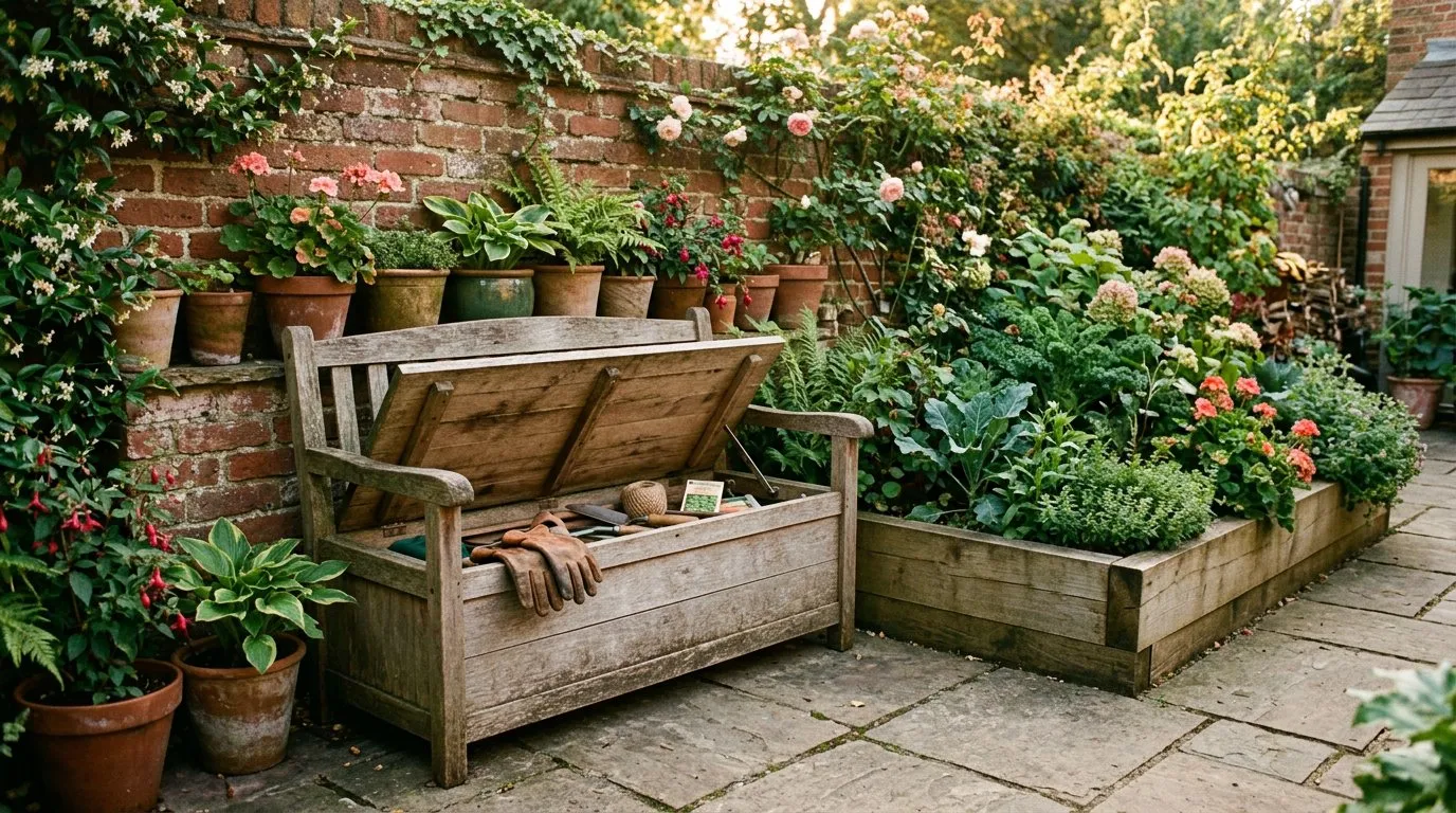 A garden storage bench next to a raised bed with tools tucked underneath in a compact courtyard garden