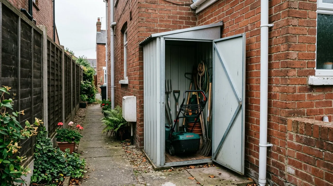 A slim lean-to garden storage unit against a brick house wall in a narrow side passage