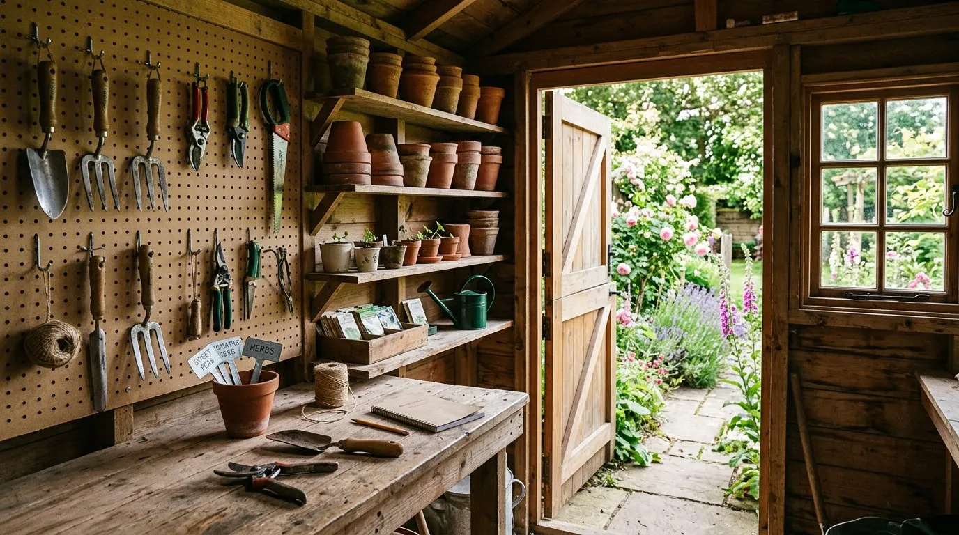 A well-organised garden storage shed interior with tools on wall hooks, shelves of terracotta pots, and a workbench