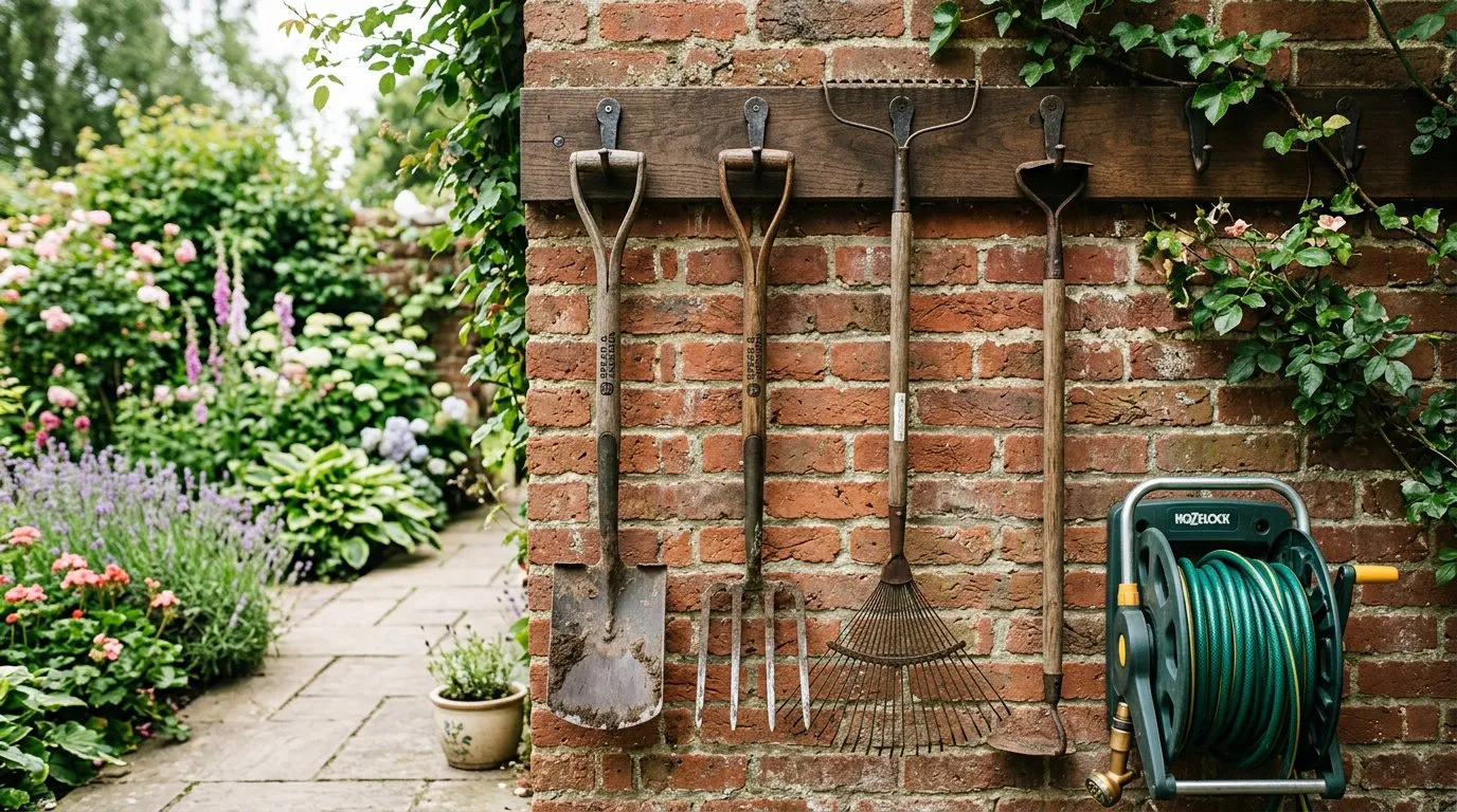 Wall-mounted garden tool storage rack on a brick house wall holding spades, forks, and a hose reel