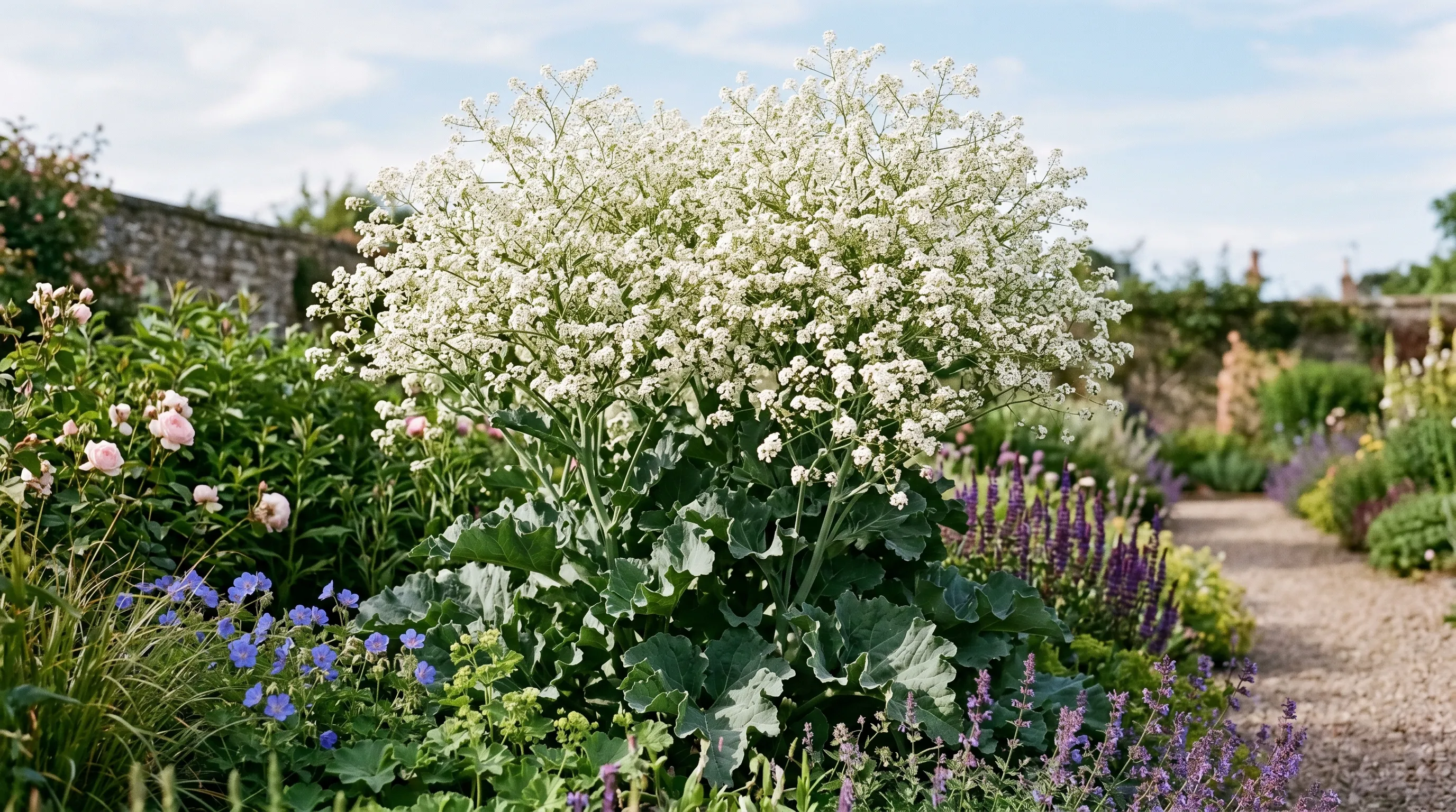 Crambe cordifolia in full white June flower towering over a UK perennial border