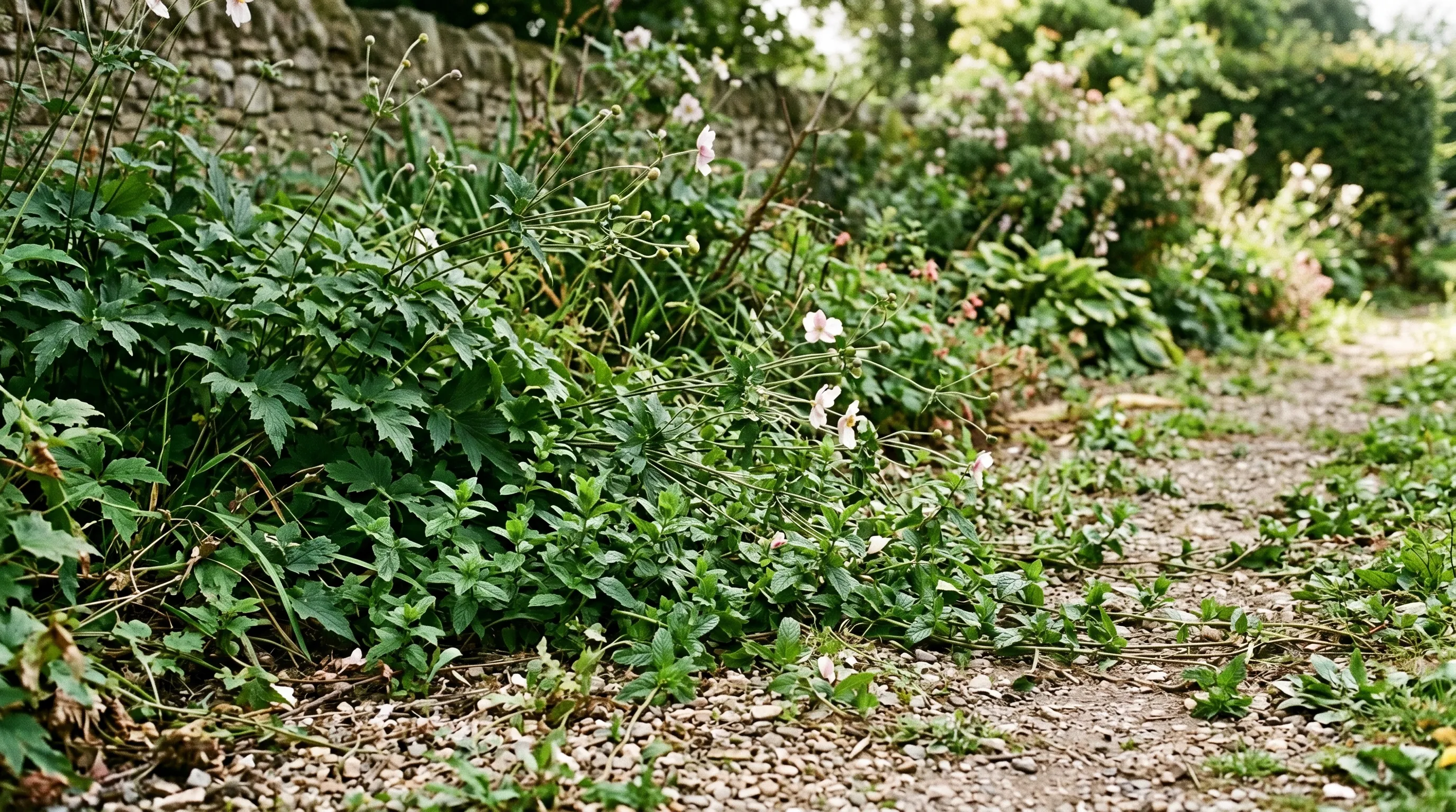 Mint and Japanese anemone spreading aggressively across a UK perennial border in summer