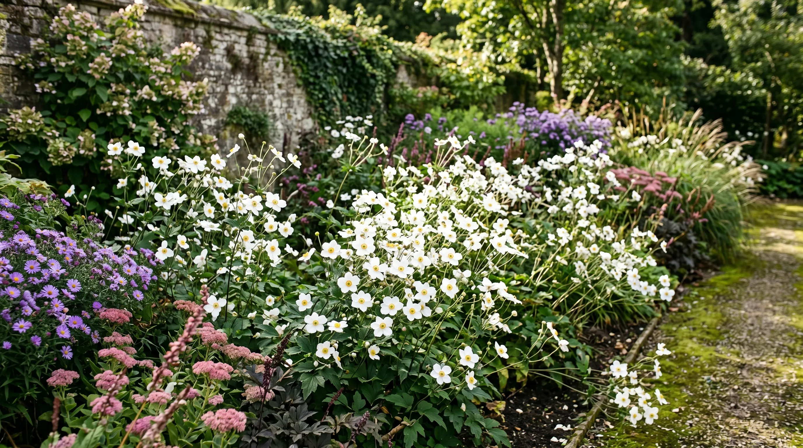Japanese anemone in full pink flower spreading across a partially shaded UK border in September