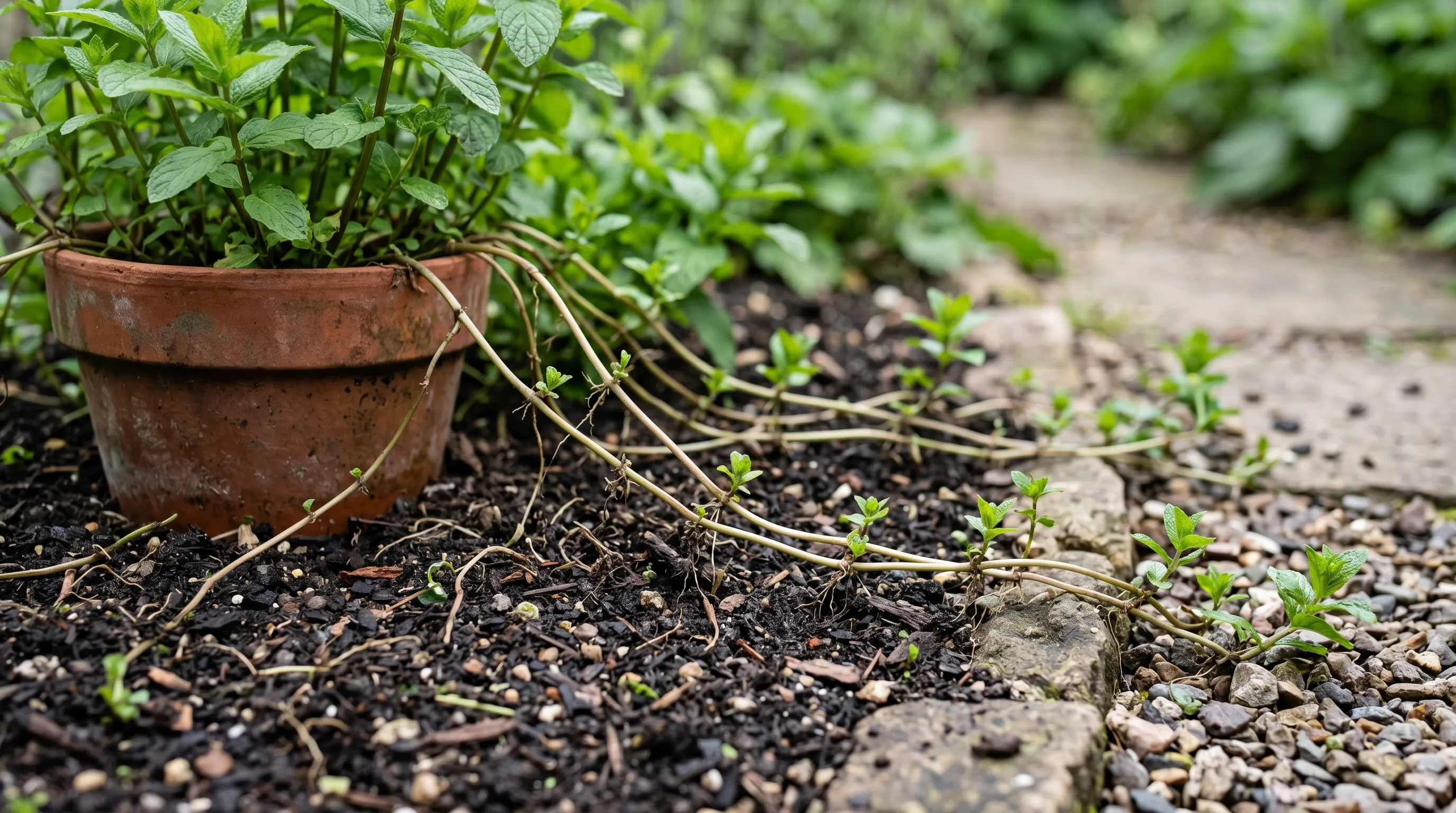 Mint runners spreading aggressively from a herb pot into the surrounding gravel path and border