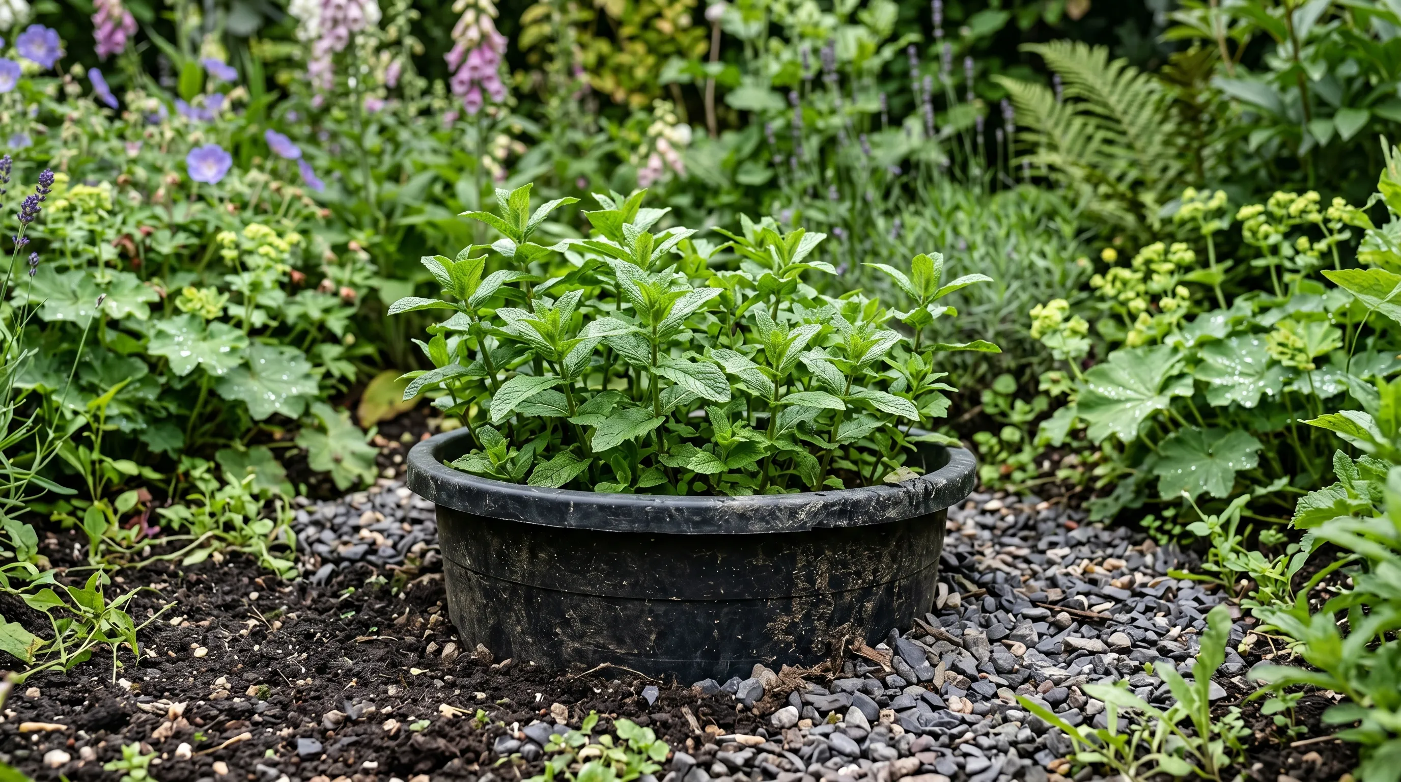 Sunken plastic plant pot with mint planted inside as containment for a UK garden bed