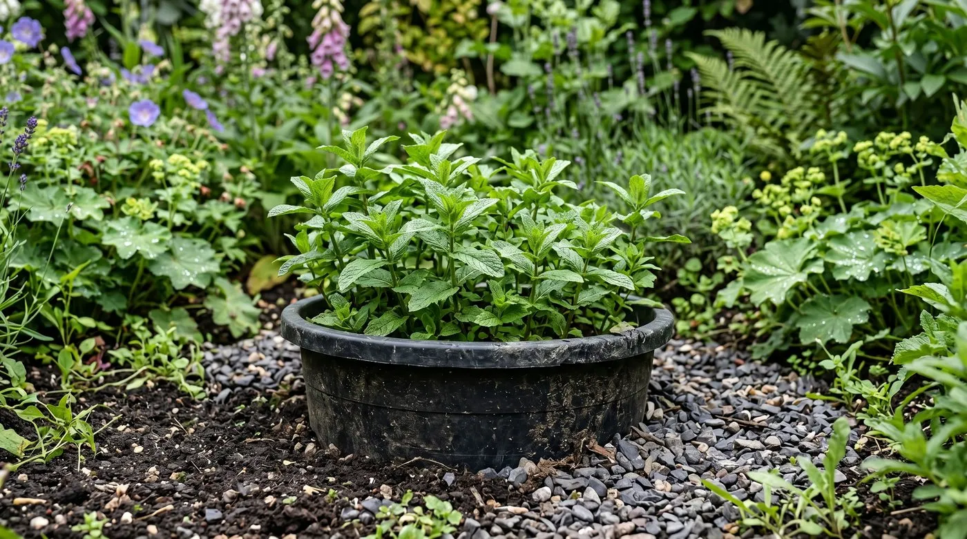 Sunken plastic plant pot with mint planted inside as containment for a UK garden bed