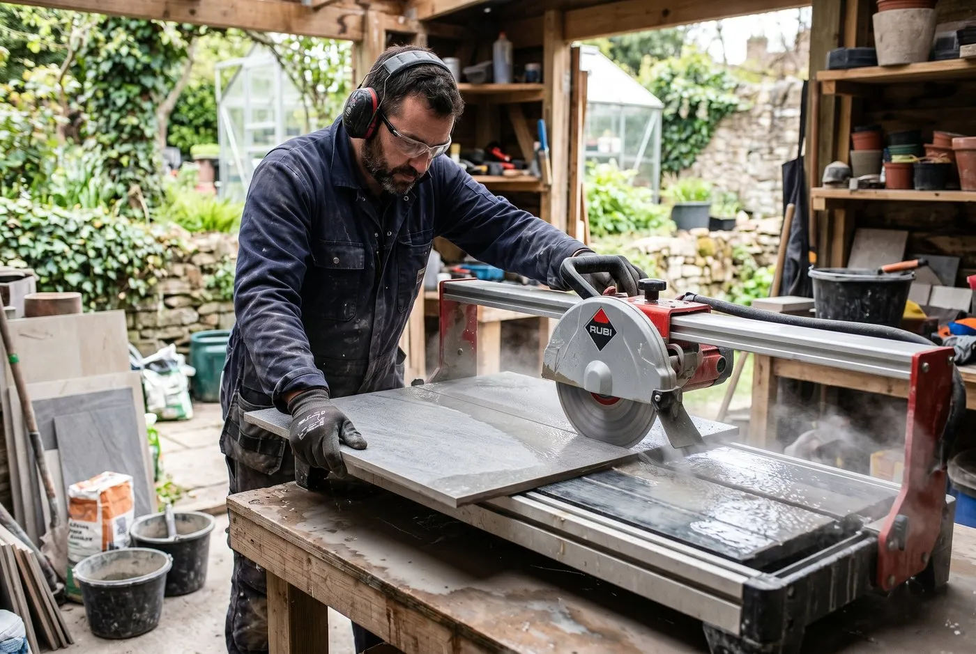 A 20mm porcelain garden tile being cut on a bench-mounted wet saw with a diamond blade and water cooling the cut, in a UK garden workshop setting