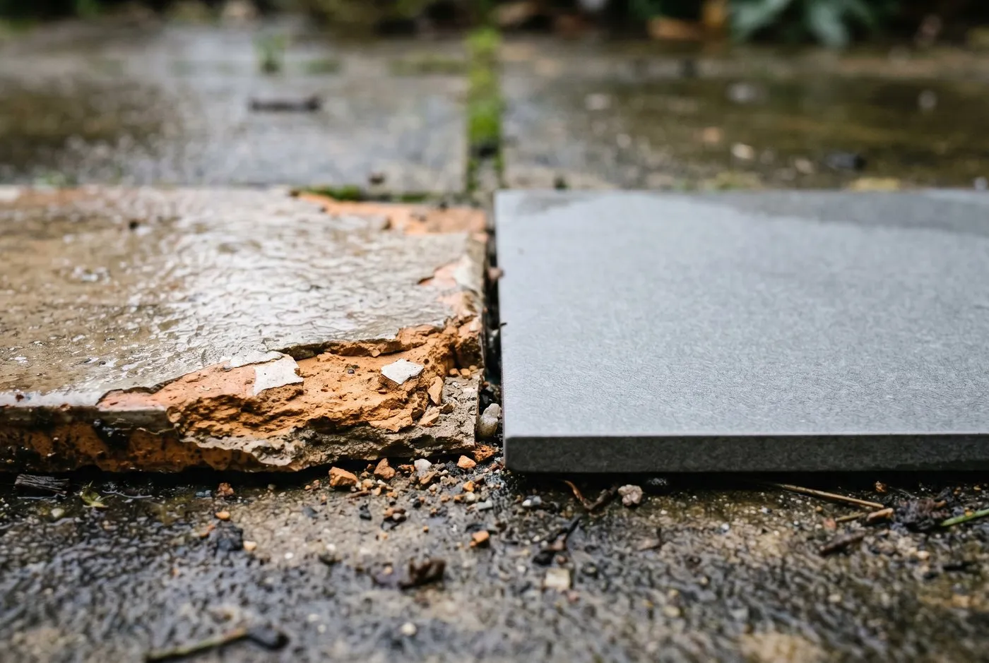 Close-up of a cheap ceramic outdoor tile with flaked, spalled corners beside a sound grey porcelain tile on a UK patio