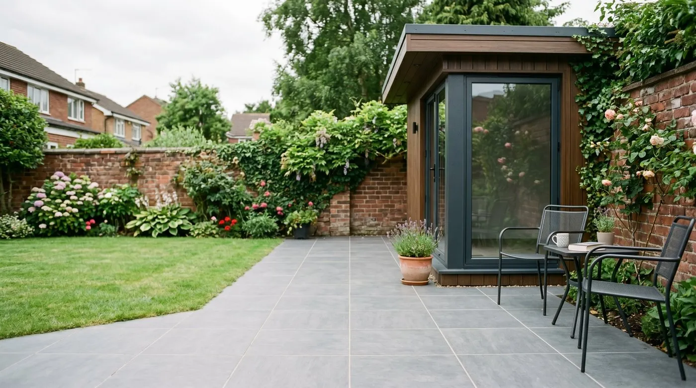Grey 20mm porcelain garden tiles laid as a level patio outside a UK garden room, with brushed-in joints and a slight fall away from the house
