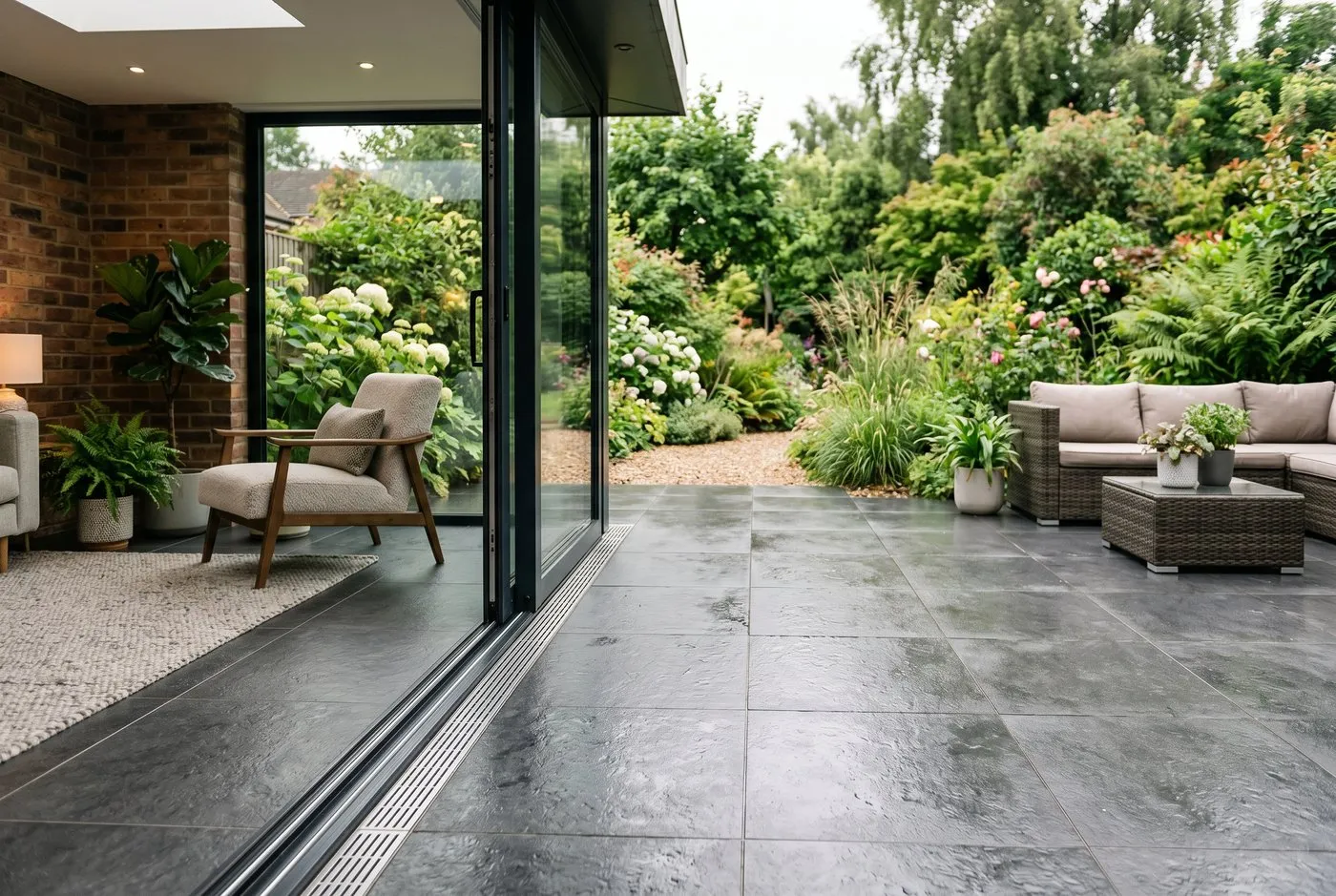 A flush indoor-outdoor threshold where matching porcelain runs from inside a UK garden room straight out onto a level patio with a drainage channel at the door