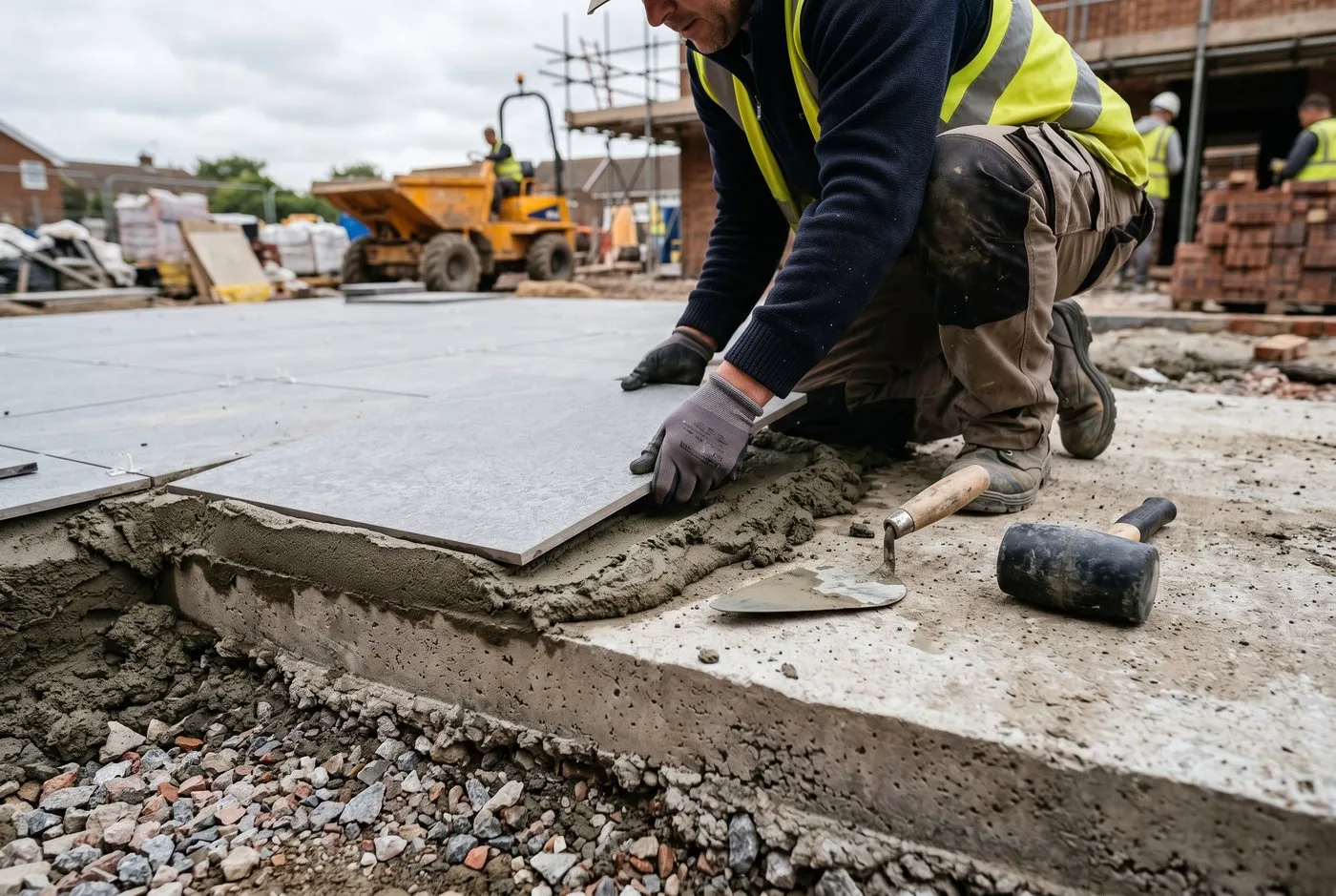 Cross-section scene of a porcelain garden tile being bedded on a full wet mortar bed over a concrete slab and compacted Type 1 sub-base