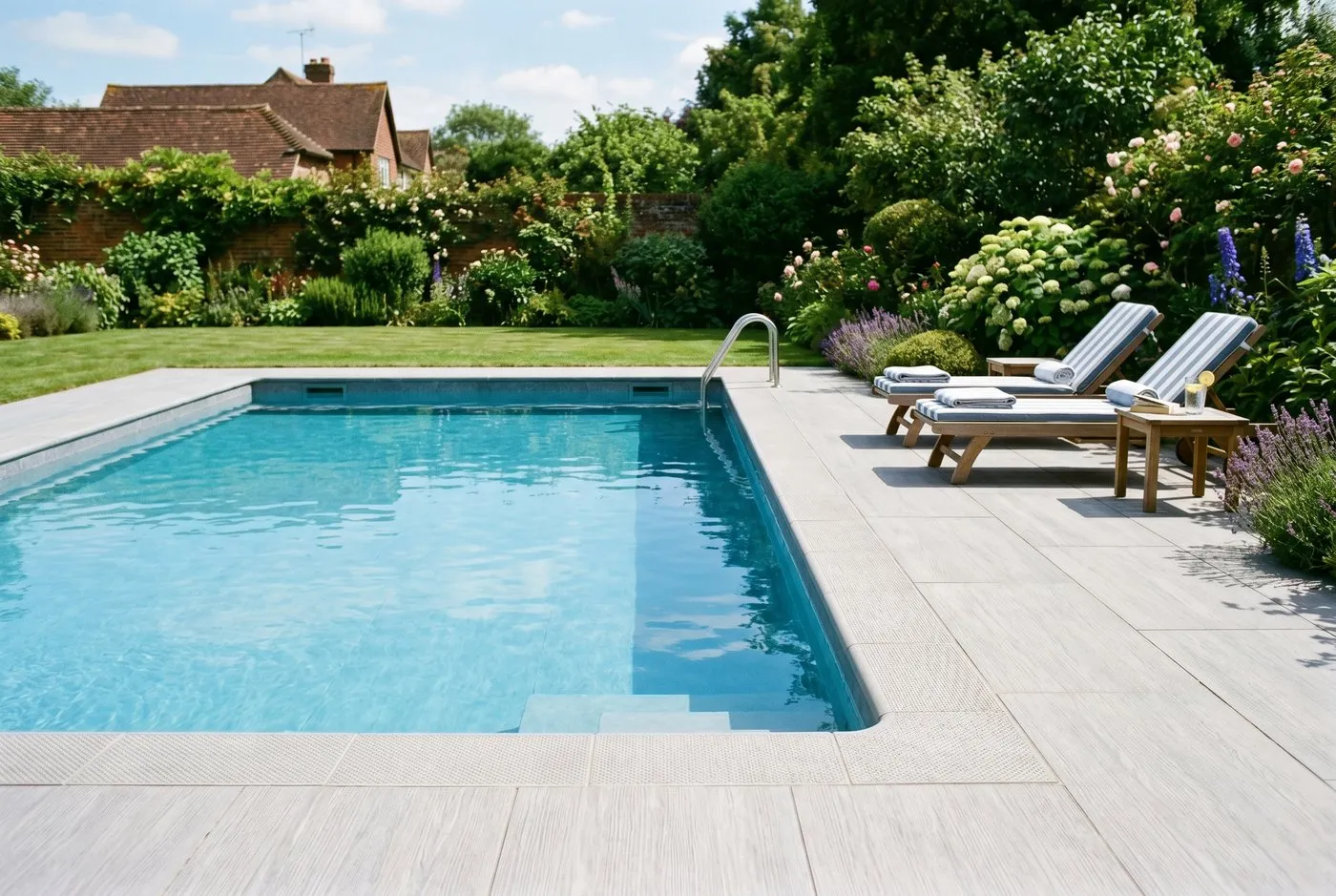 Anti-slip porcelain tiles laid as a surround to a domestic outdoor pool in a UK garden, with bare-foot-safe textured edging