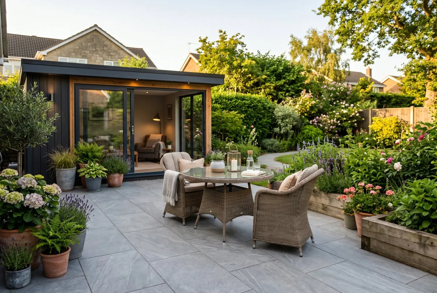 A neatly laid 20mm grey porcelain patio outside a Staffordshire garden room with table and chairs in use on a bright day