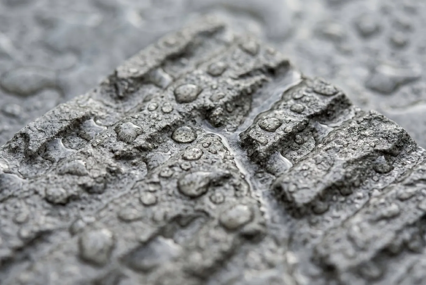 Macro shot of the textured grip surface of an R11 outdoor porcelain tile with rainwater beading on the profiled face