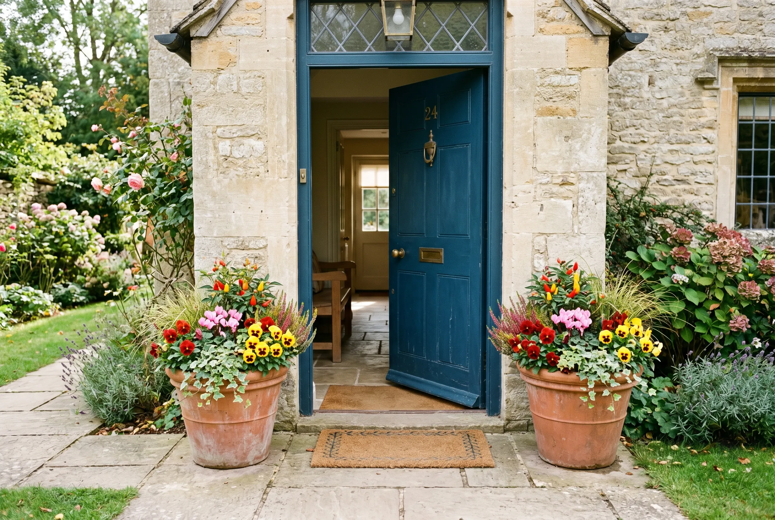 A pair of matching planted pots of colourful flowers flanking a freshly painted front door of a UK home