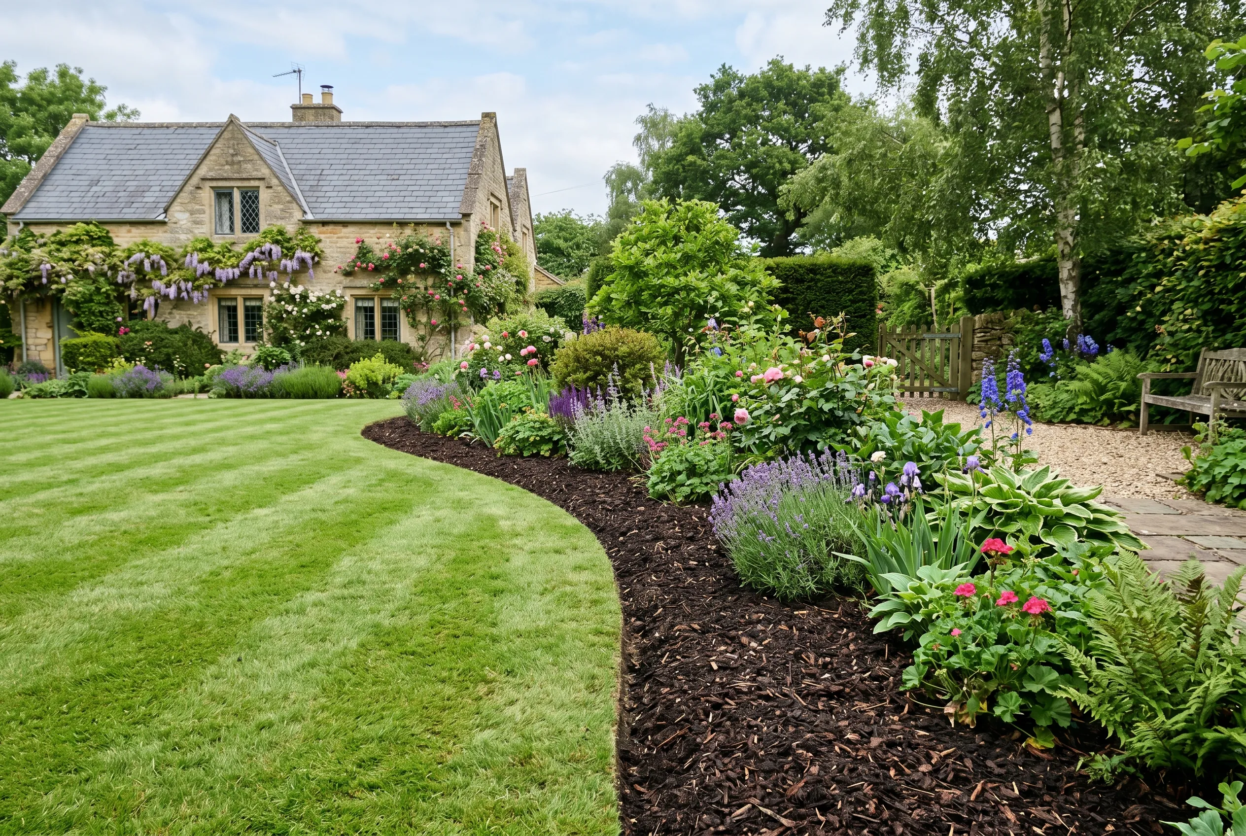 A neatly mown green lawn with crisply cut border edges meeting a freshly mulched flower bed