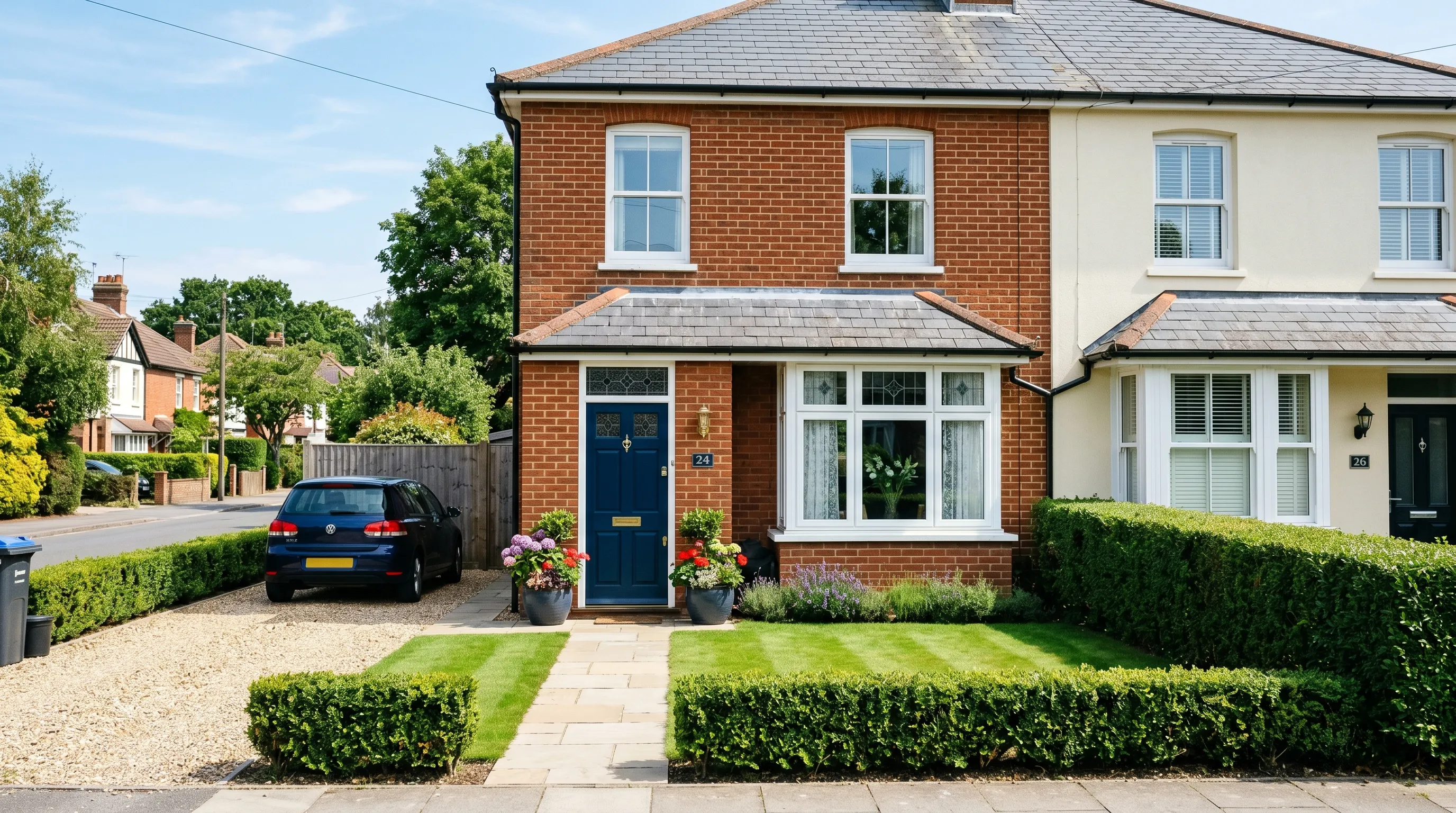 The front of a tidy UK house with strong kerb appeal: clean path, mown lawn, clipped hedge and planted door pots
