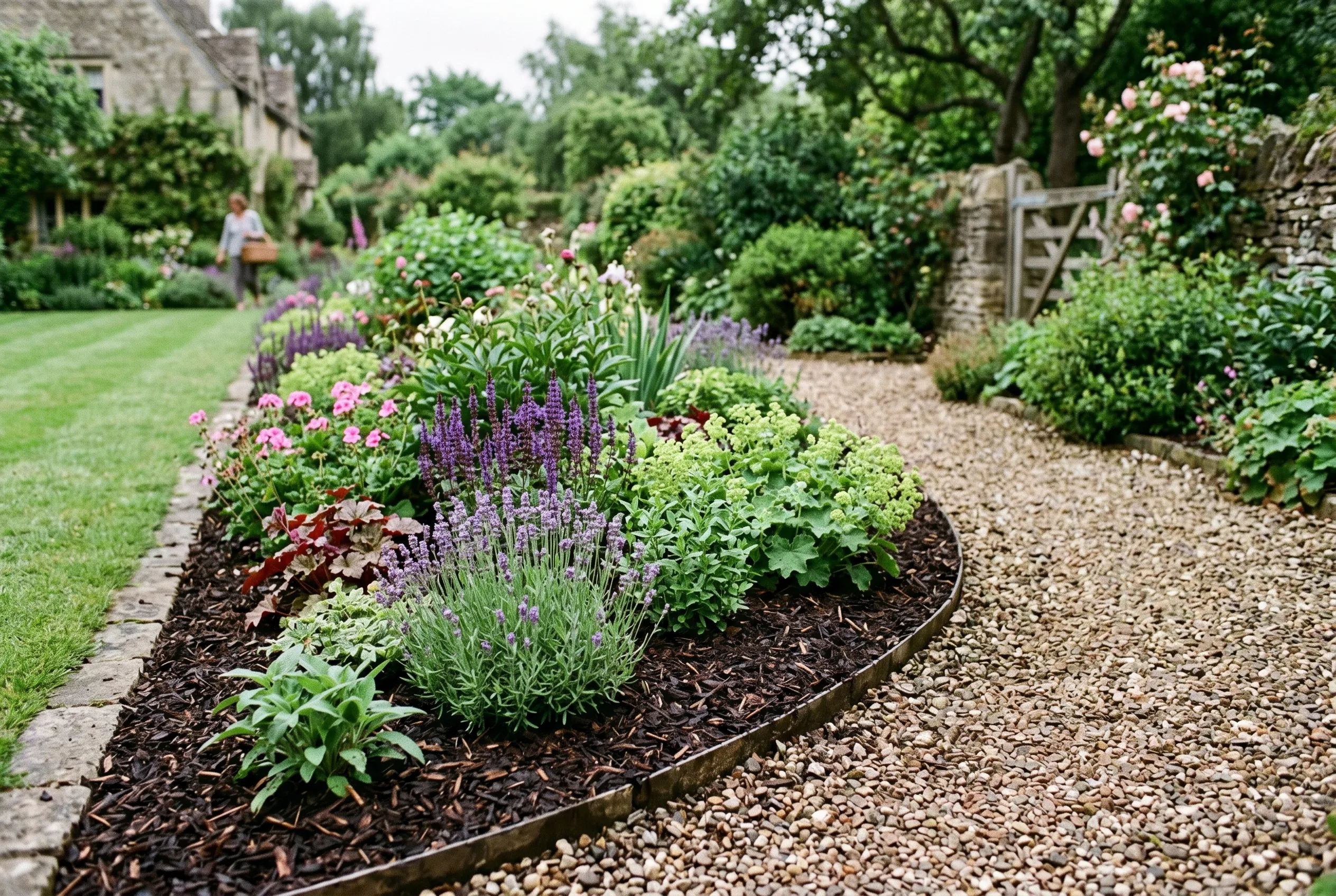 A freshly mulched and weeded flower border with a crisp edge and healthy plants along a UK garden path