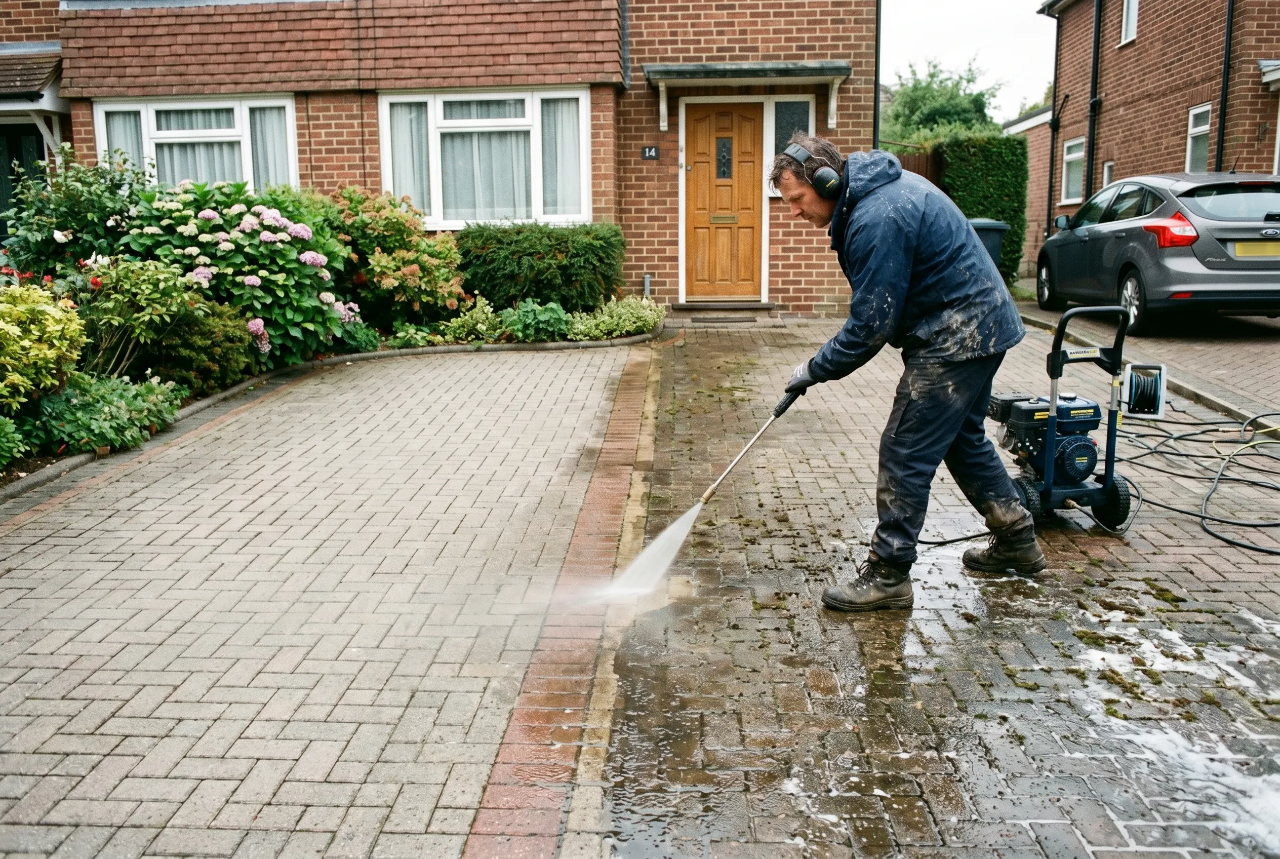 A person pressure-washing a grimy block-paved driveway, half cleaned showing a sharp contrast