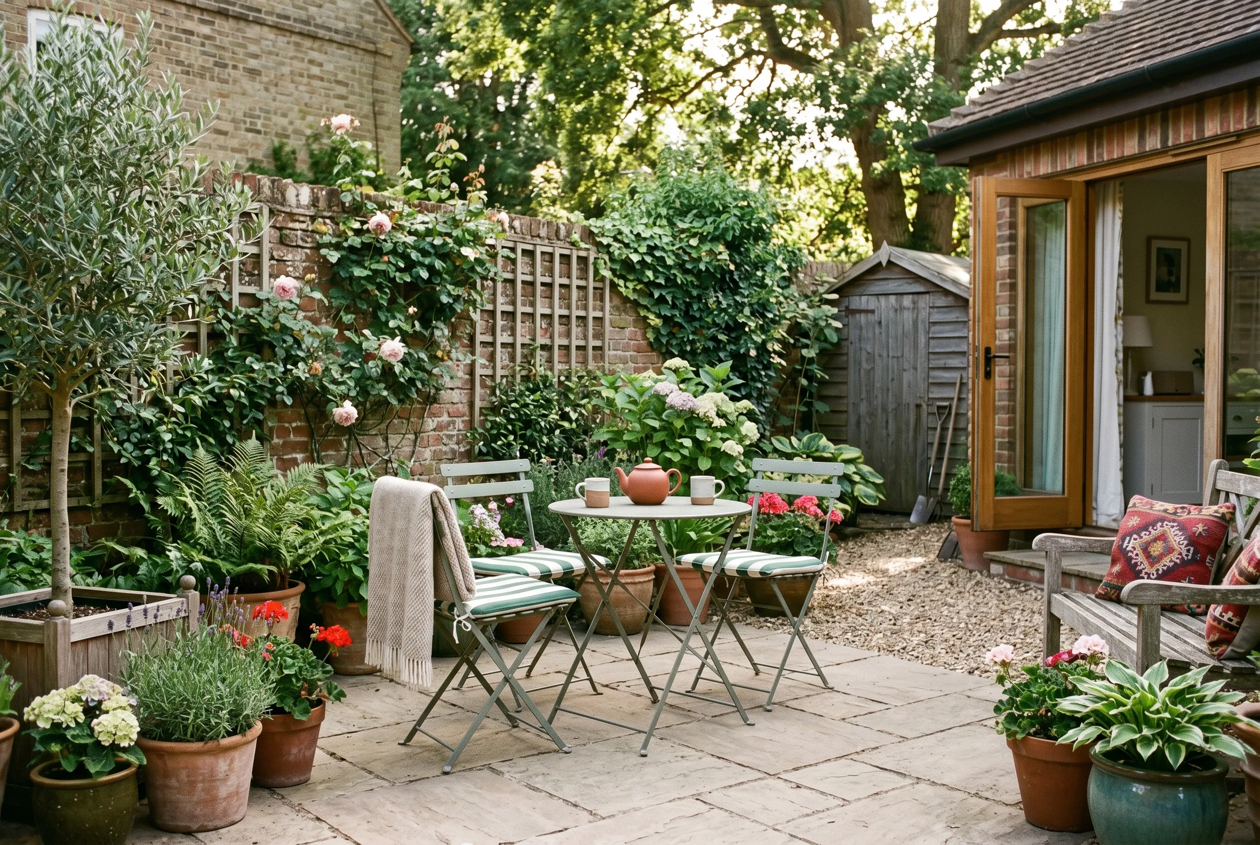A staged, inviting UK back garden seating area with a clean table and chairs on a swept patio and potted plants