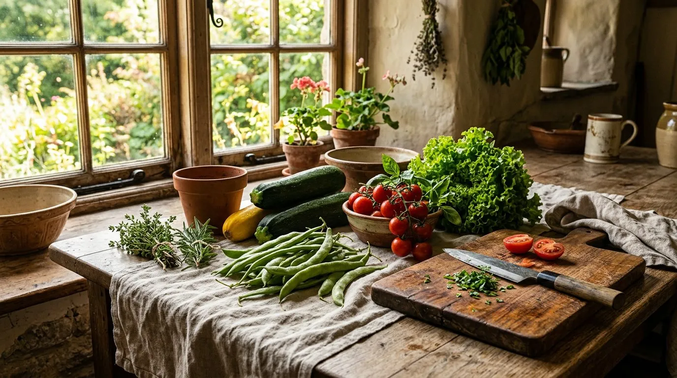 Garden to table food with freshly harvested vegetables on a rustic kitchen table