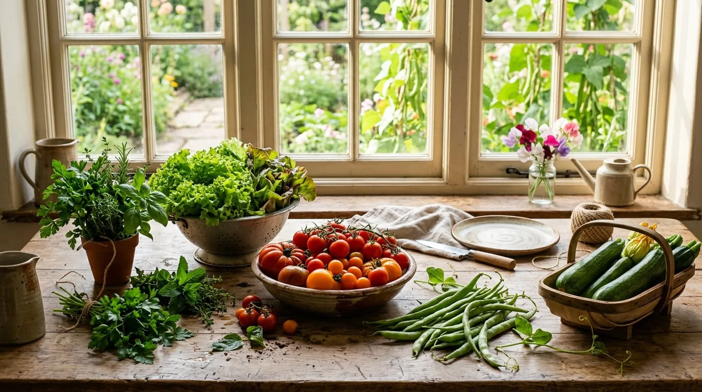Garden to table scene with freshly harvested UK vegetables on a rustic kitchen table including tomatoes, herbs, and runner beans