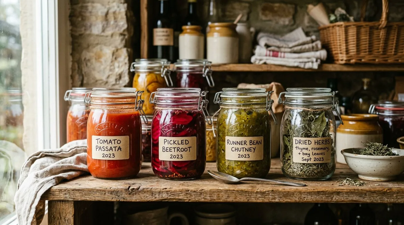 Preserved garden food in glass jars of homemade preserves on rustic wooden shelves in a UK pantry