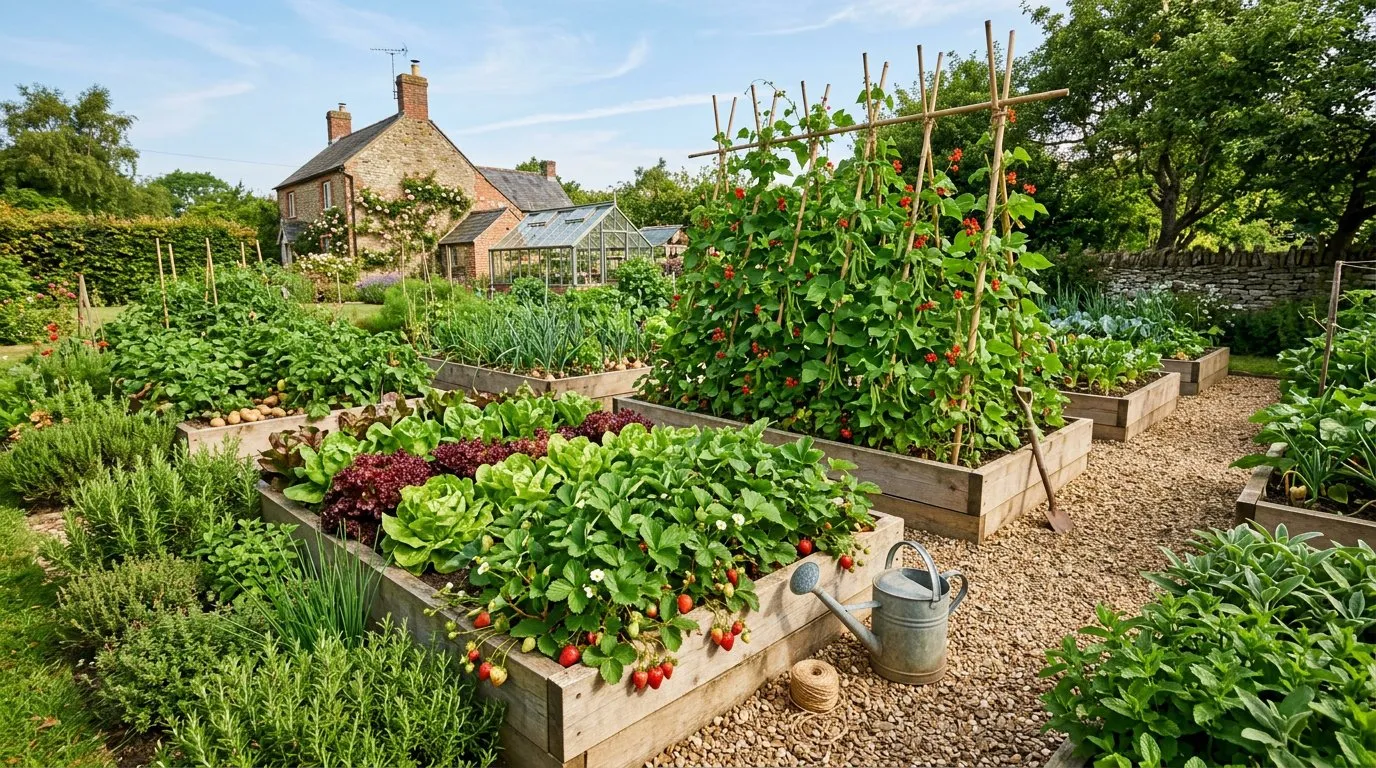 Food garden with productive UK raised beds growing lettuce, herbs, and a runner bean wigwam