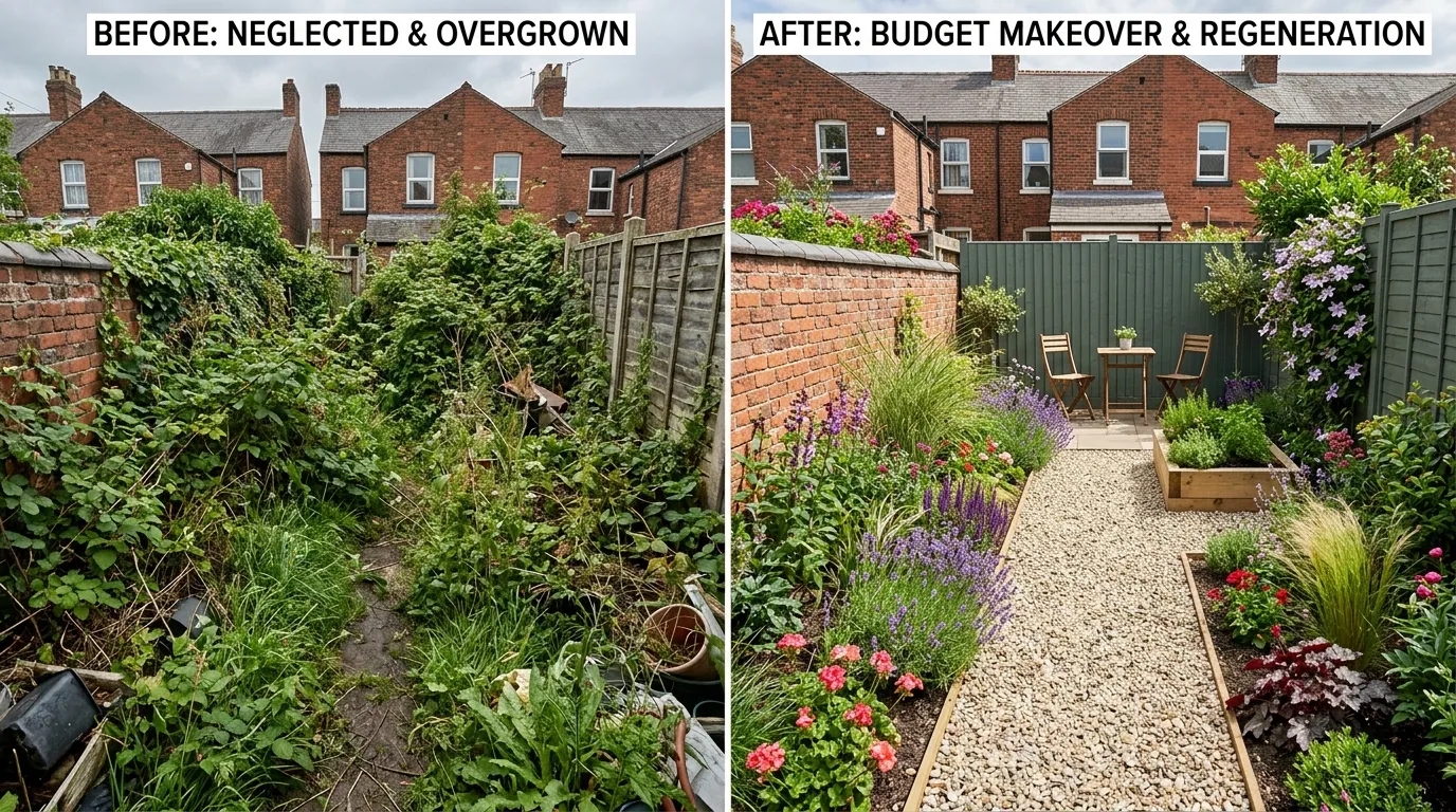 UK garden before and after budget transformation with new gravel paths and planting