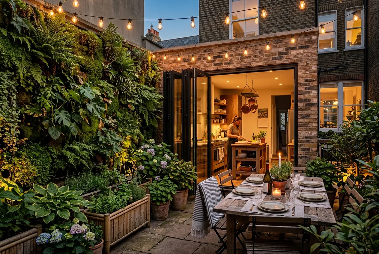 Small city courtyard garden with biophilic design featuring green wall, container planting, and evening string lights